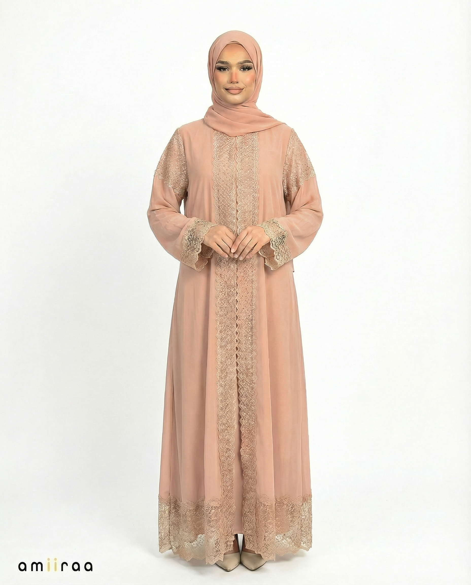 3 Piece Chiffon Abaya Set with Lace and Stone Detail - Wrought Iron