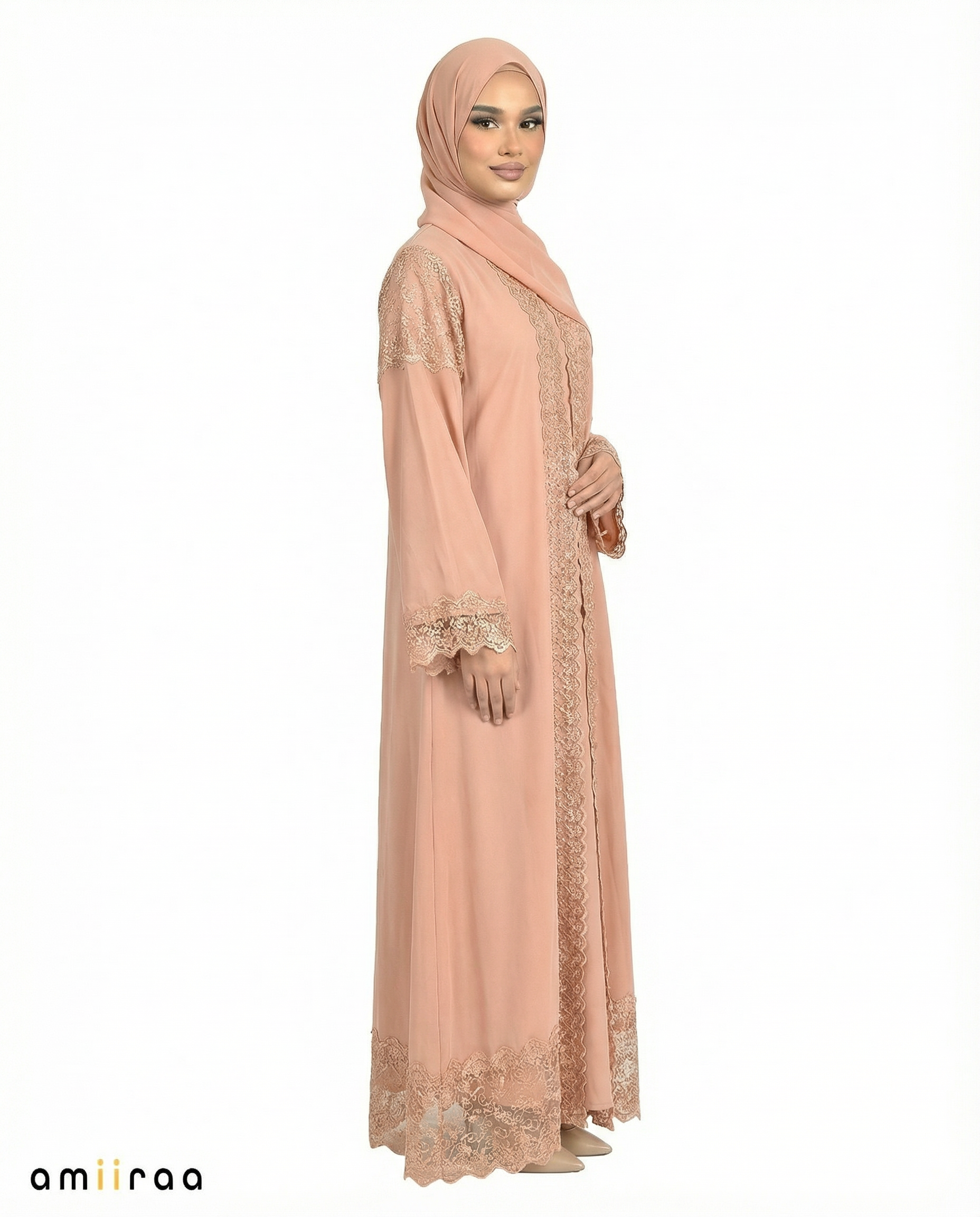 3 Piece Chiffon Abaya Set with Lace and Stone Detail - Wrought Iron