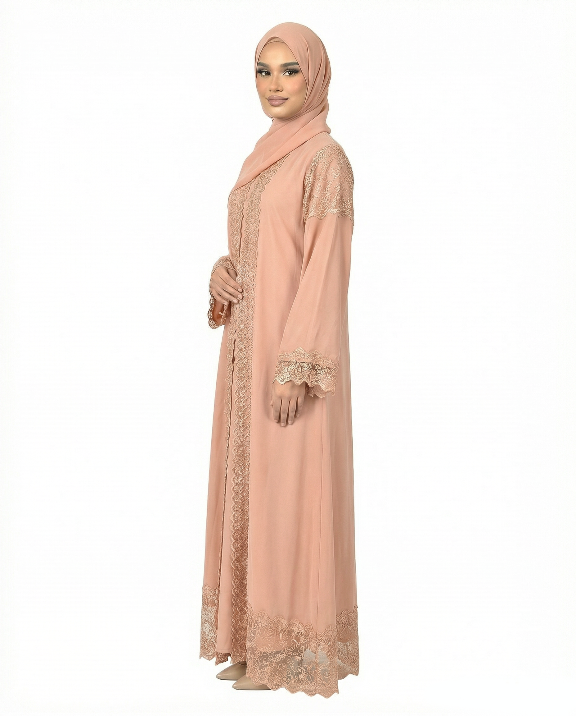 3 Piece Chiffon Abaya Set with Lace and Stone Detail - Wrought Iron