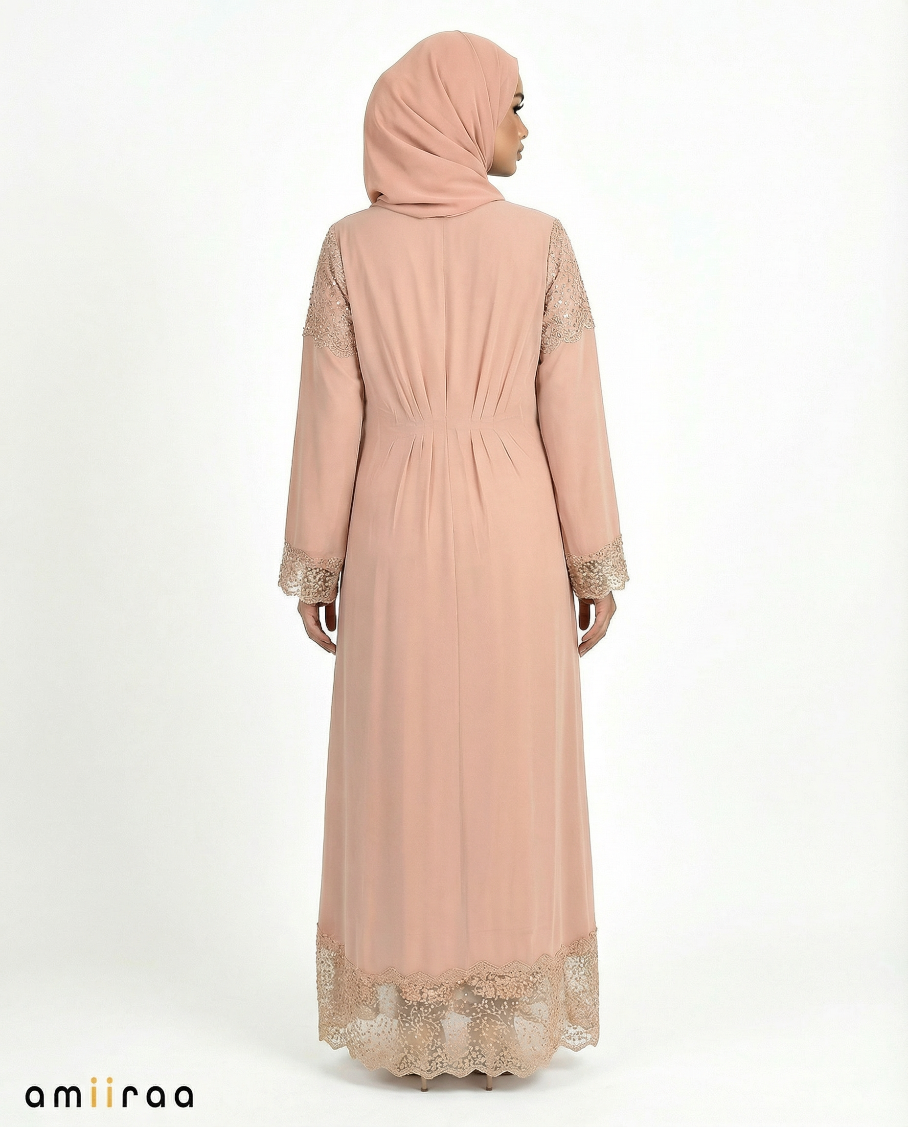 3 Piece Chiffon Abaya Set with Lace and Stone Detail - Wrought Iron