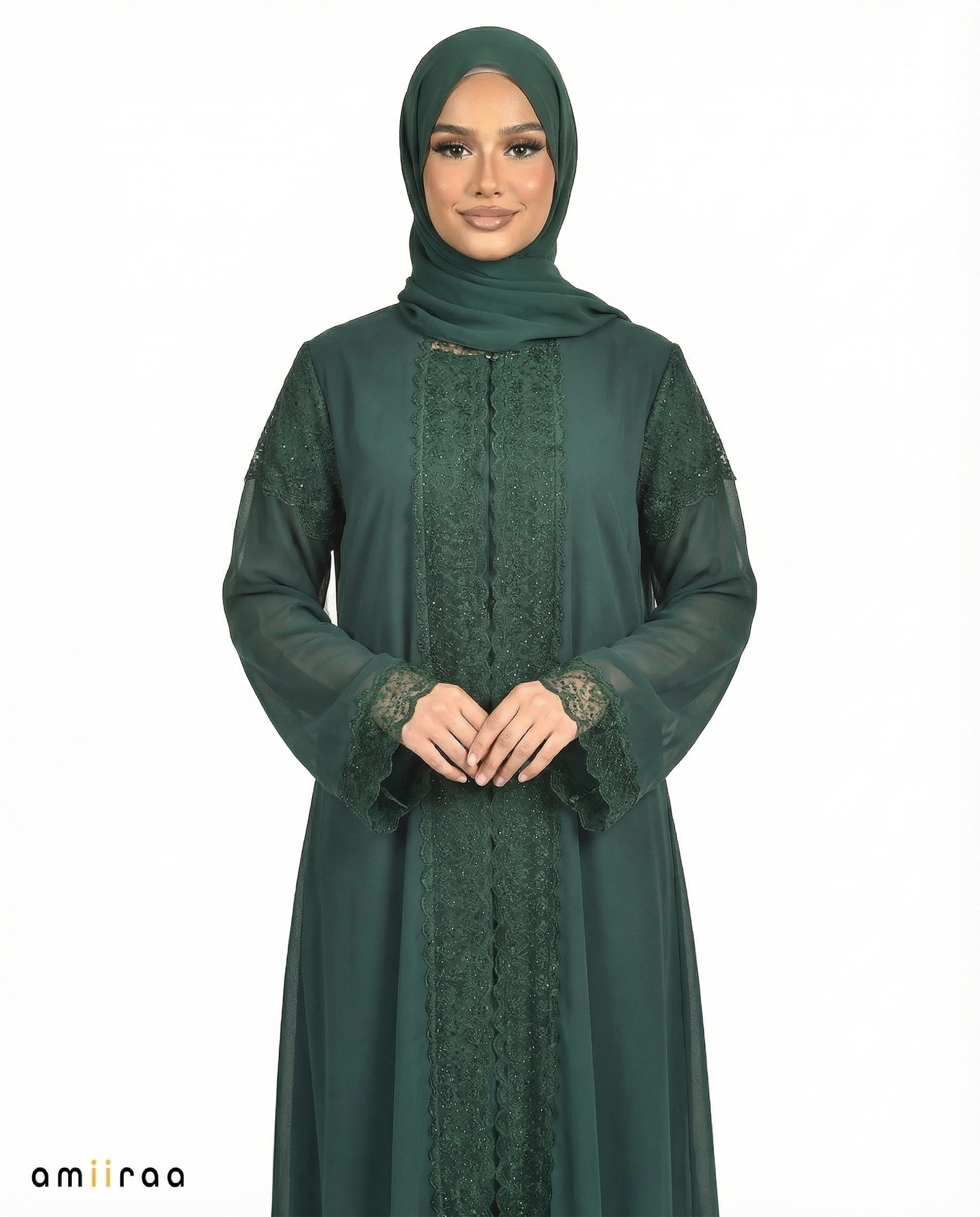 3 Piece Chiffon Abaya Set with Lace and Stone Detail - Botanical Garden