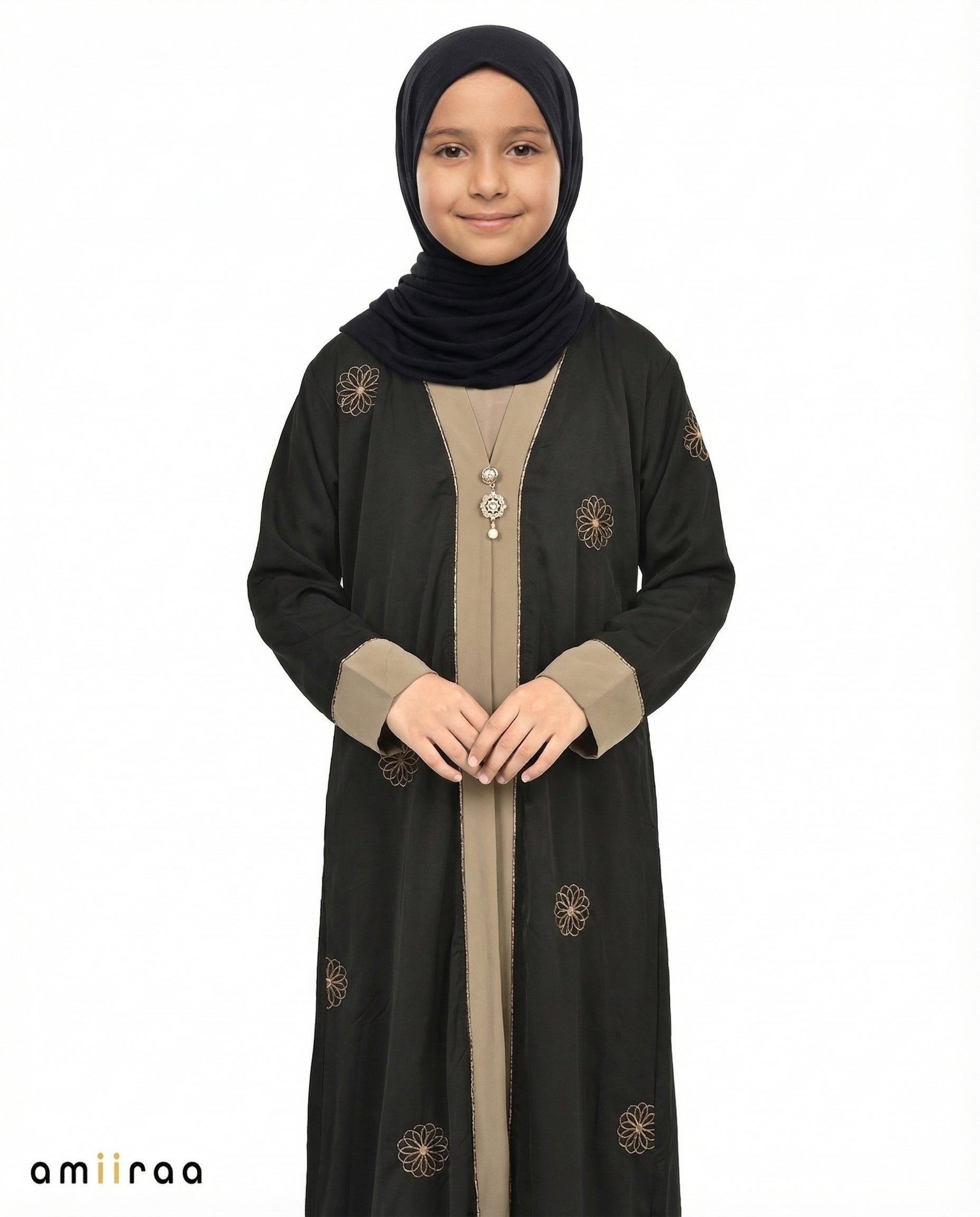 Tap Shoe Girls Floral Embroidered Open Abaya with Inner Dress