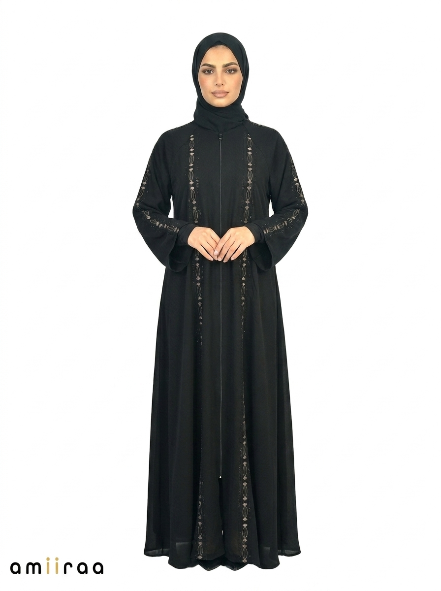 Harvest Gold Embroidered Abaya with Full-Length Front Detailing