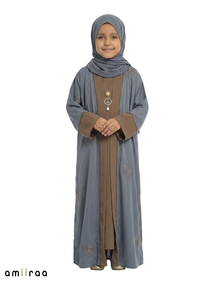 Blue Mirage Girls Saudi Abaya with Floral Embroidered Detailing
