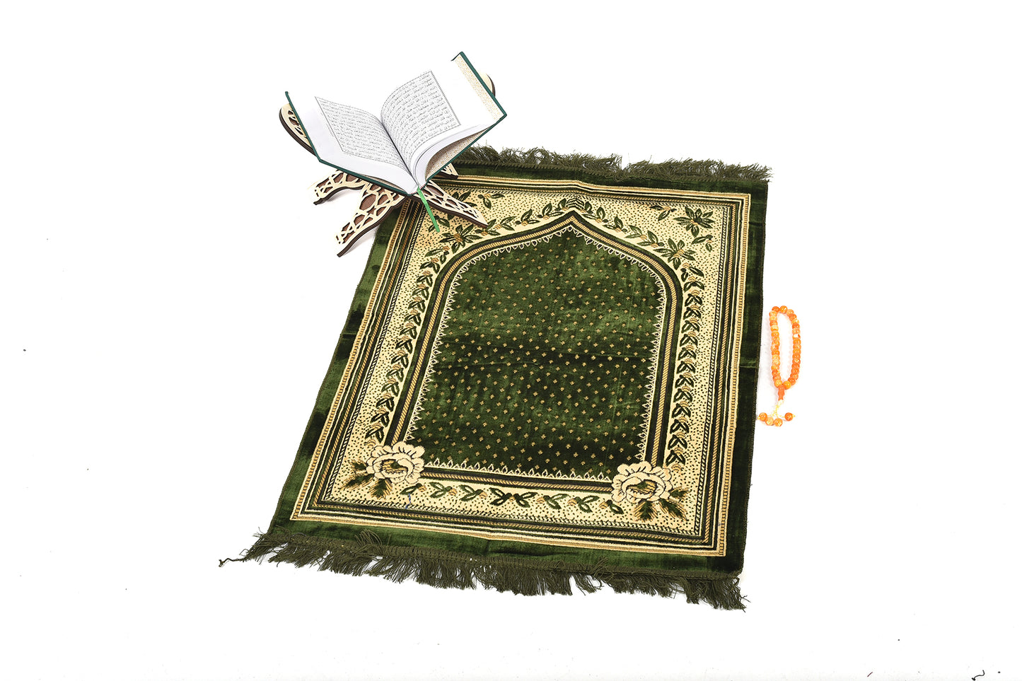 Elegant Prayer Rug – Olive Green with Floral and Gold Embroidery ( musallahs )