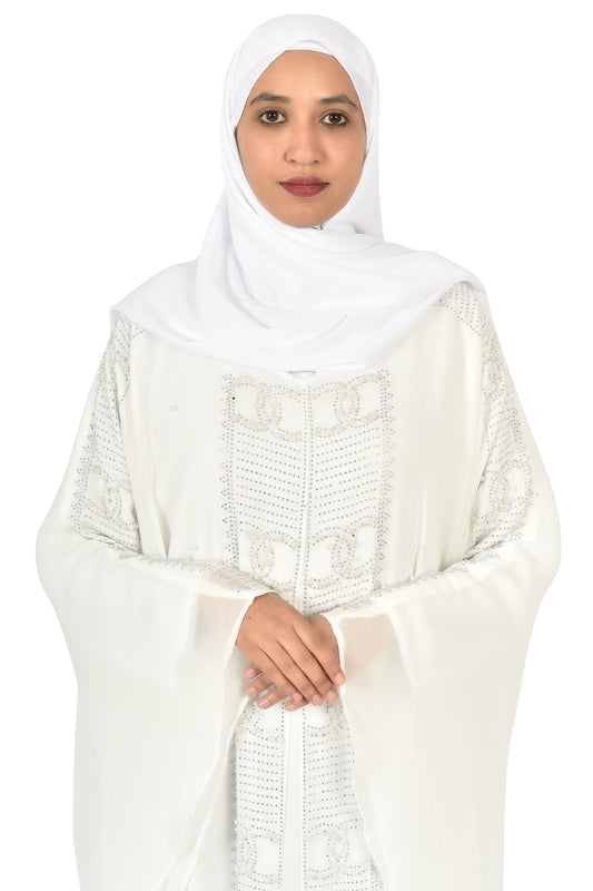 Luxury White Abaya with Crystal Embroidery and Flowing Layers ( ladies abaya )