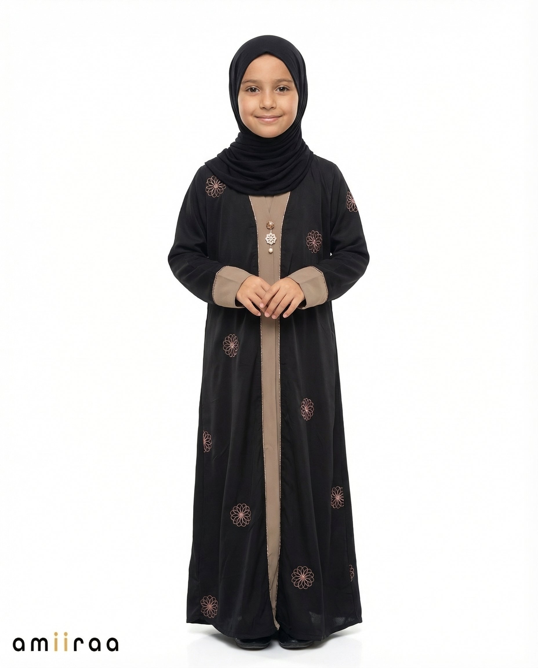 Tap Shoe Girls Floral Embroidered Open Abaya with Inner Dress