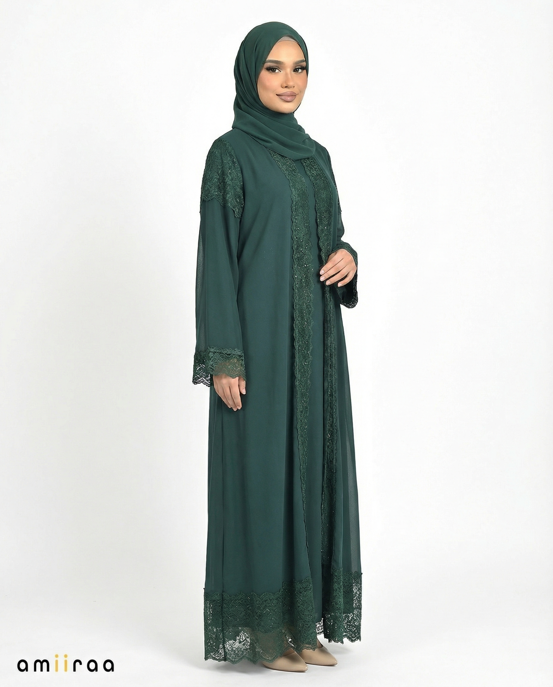 3 Piece Chiffon Abaya Set with Lace and Stone Detail - Botanical Garden