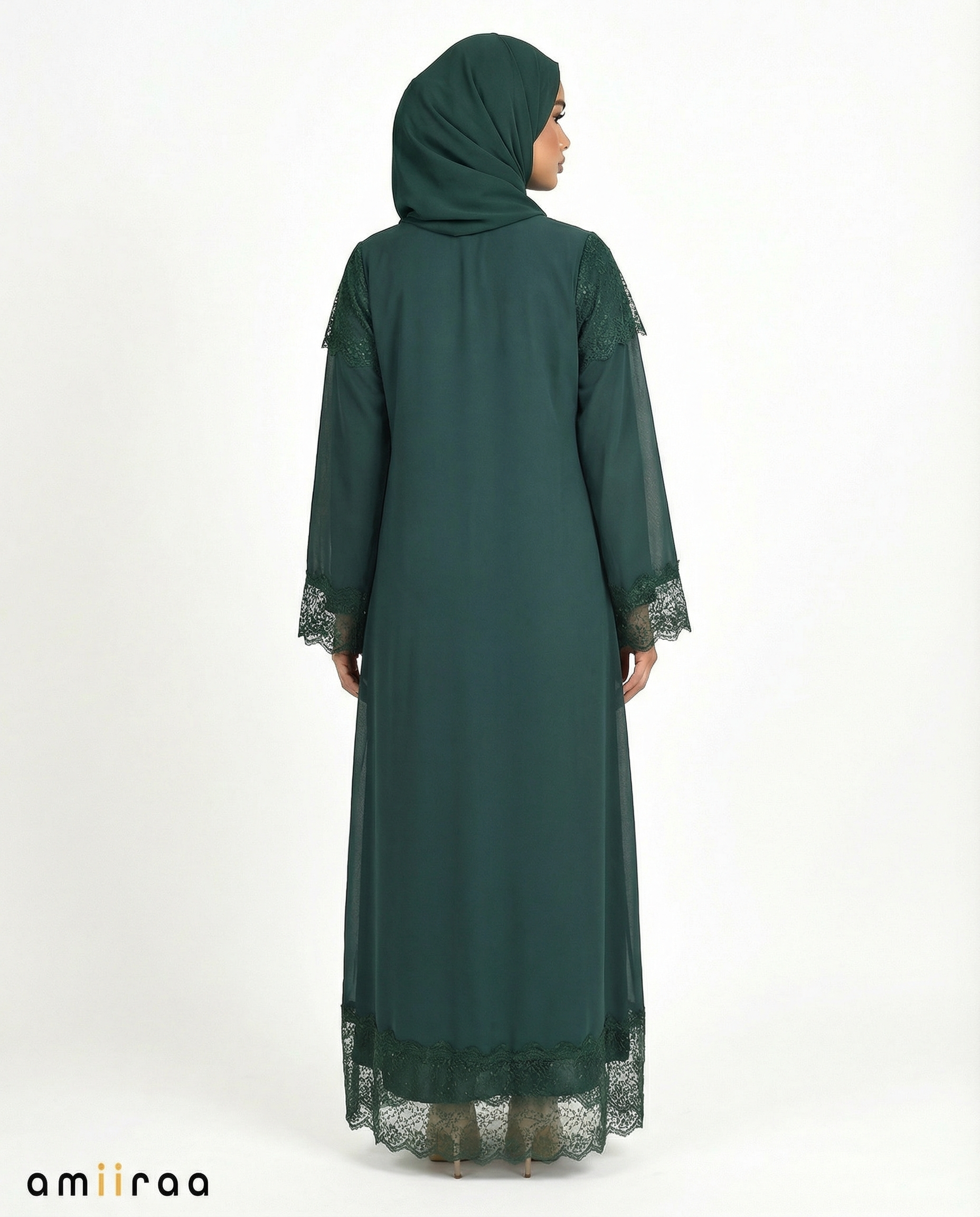 3 Piece Chiffon Abaya Set with Lace and Stone Detail - Botanical Garden