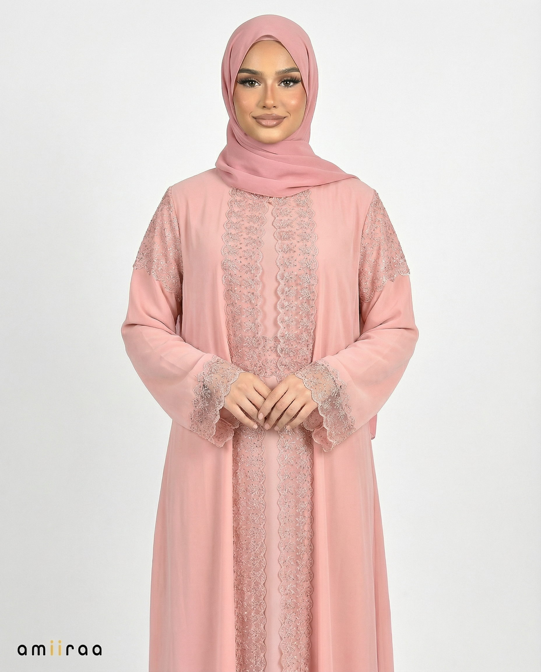 3 Piece Chiffon Abaya Set with Lace and Stone Detail - Mellow Rose
