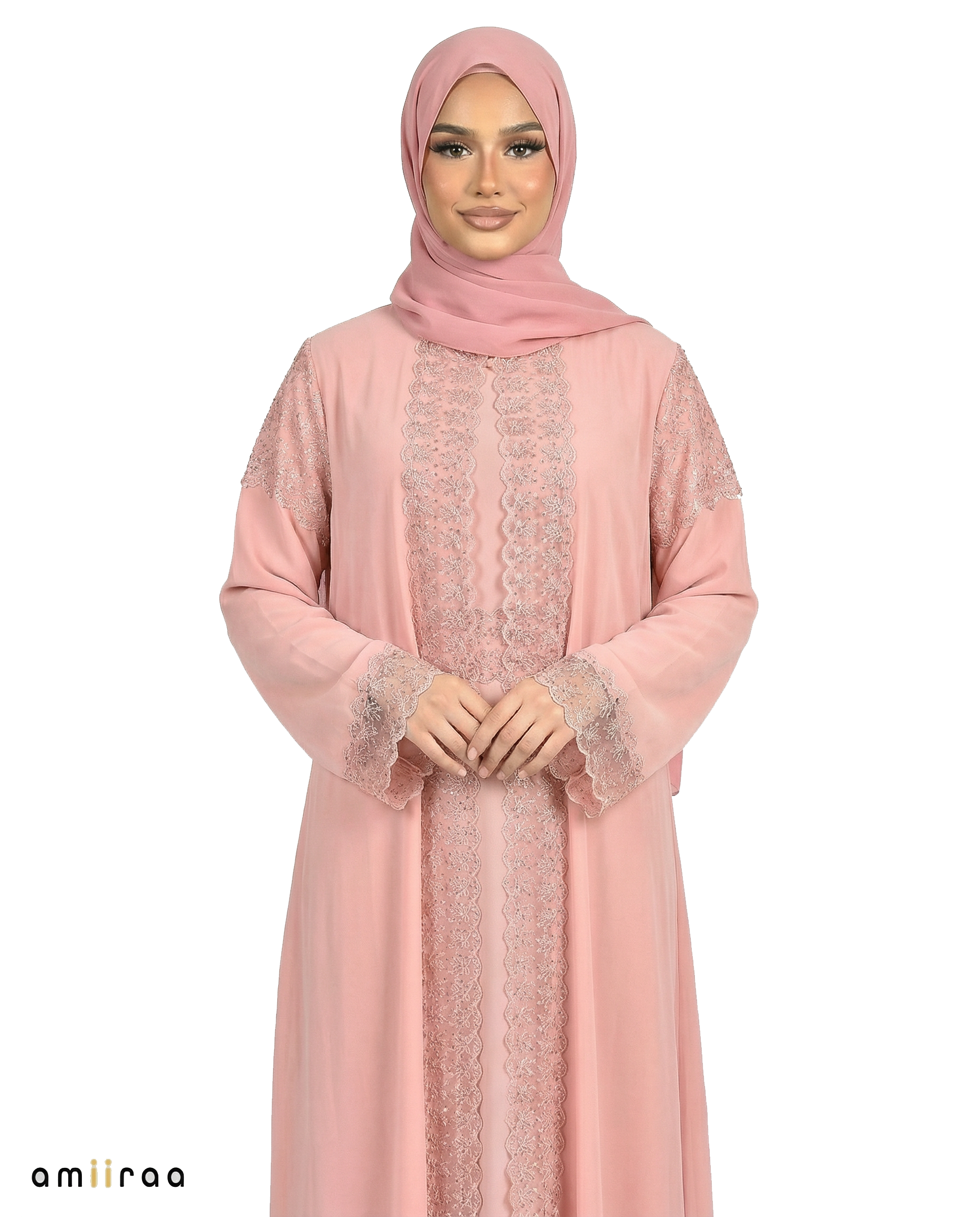 3 Piece Chiffon Abaya Set with Lace and Stone Detail - Mellow Rose