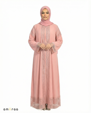 3 Piece Chiffon Abaya Set with Lace and Stone Detail - Mellow Rose