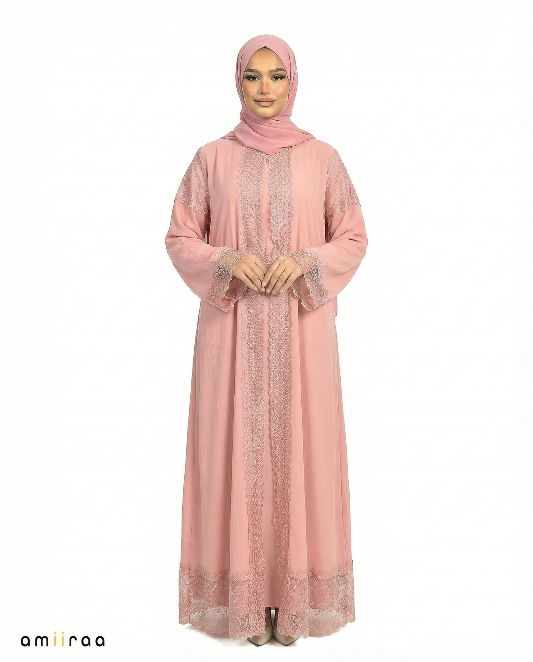 3 Piece Chiffon Abaya Set with Lace and Stone Detail - Mellow Rose