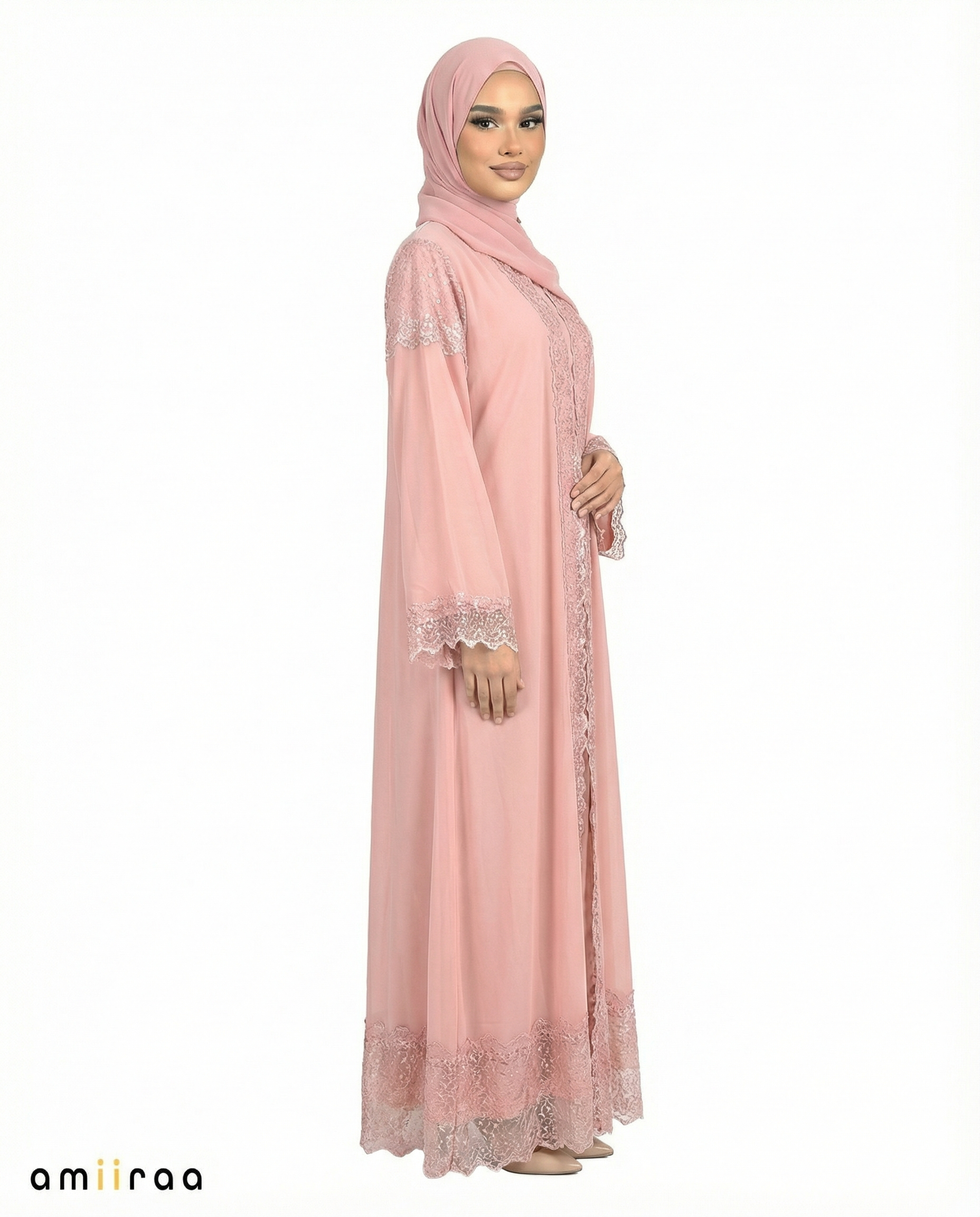 3 Piece Chiffon Abaya Set with Lace and Stone Detail - Mellow Rose