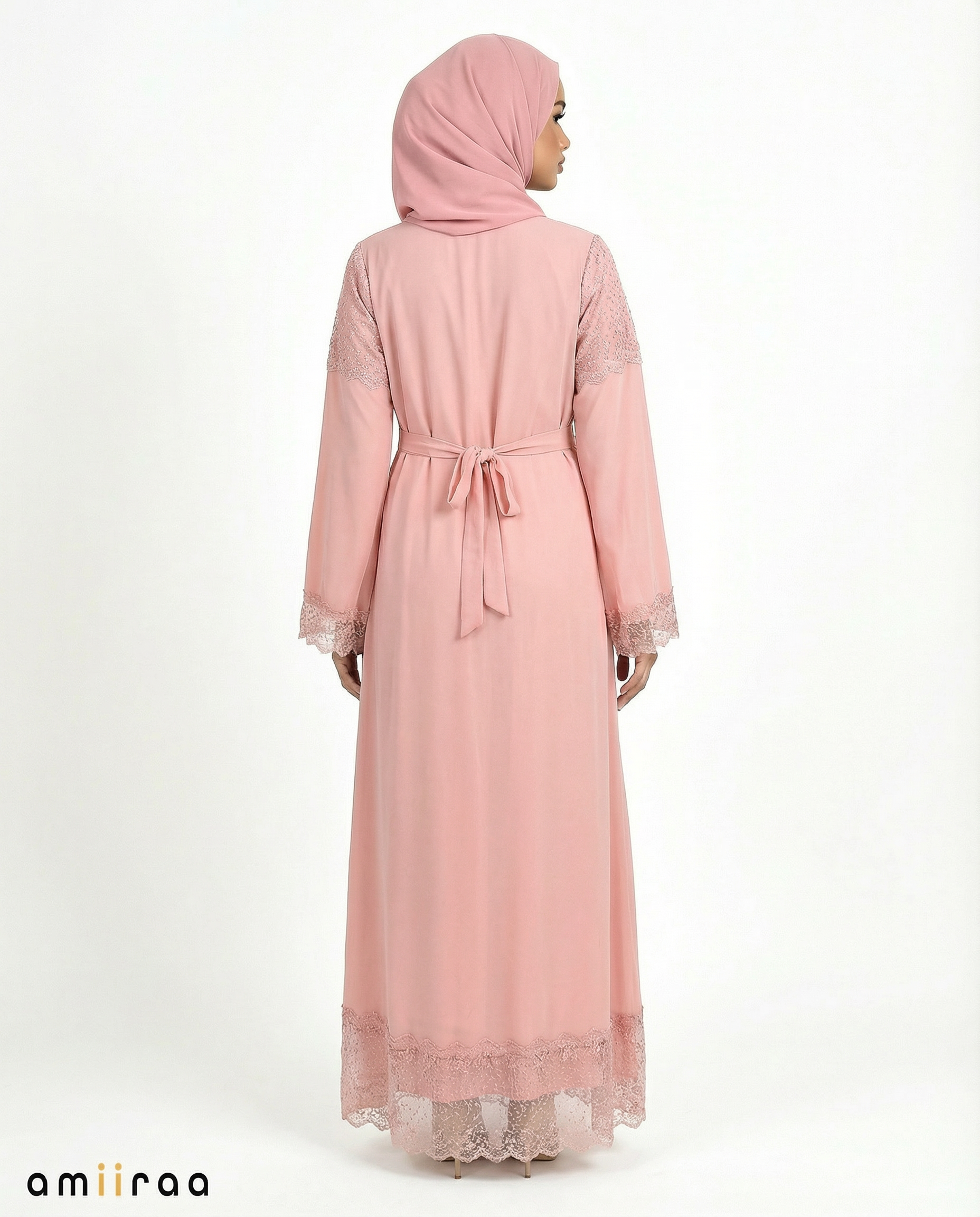 3 Piece Chiffon Abaya Set with Lace and Stone Detail - Mellow Rose