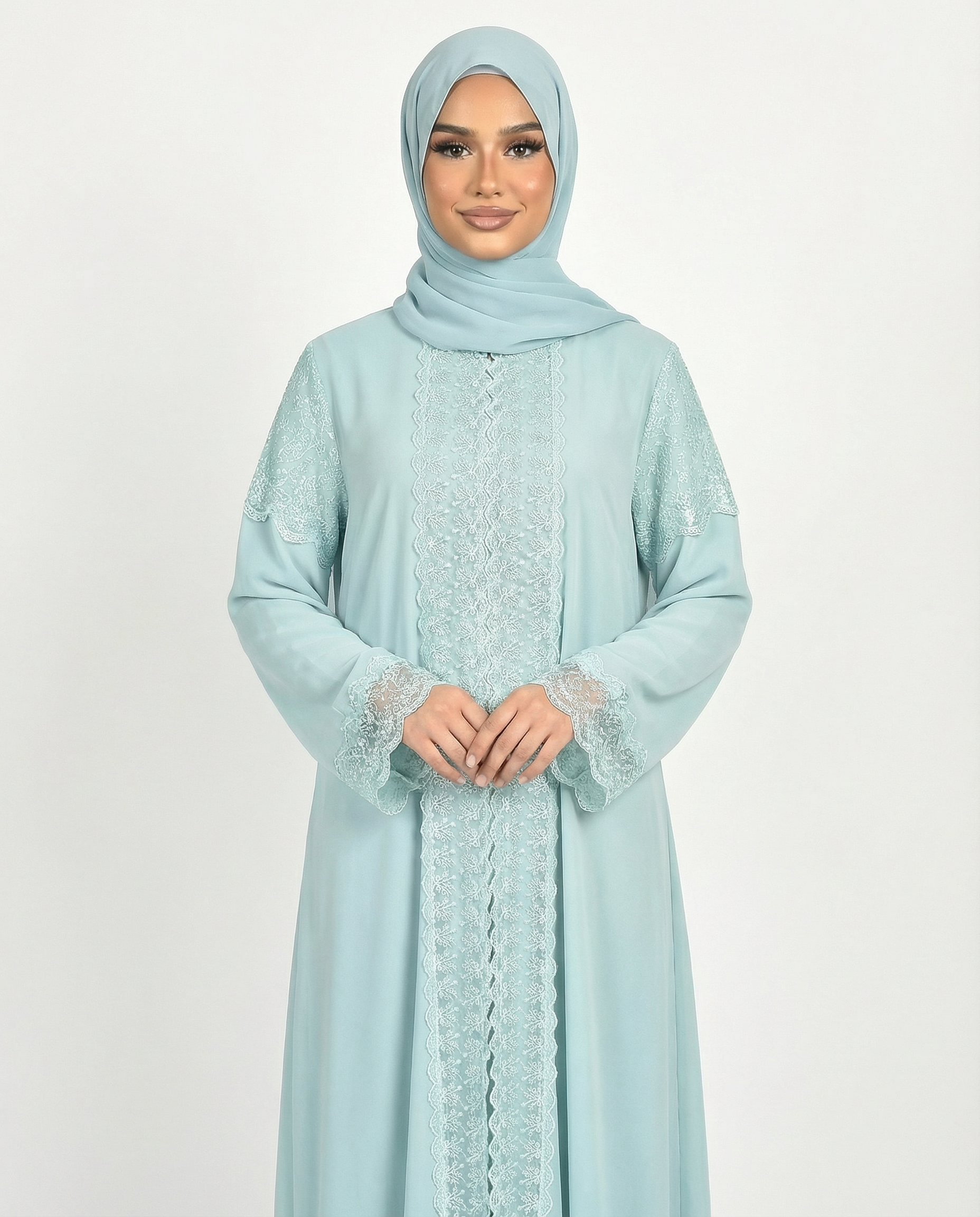 3 Piece Chiffon Abaya Set with Lace and Stone Detail - Malachite Green