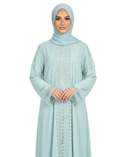 3 Piece Chiffon Abaya Set with Lace and Stone Detail - Malachite Green