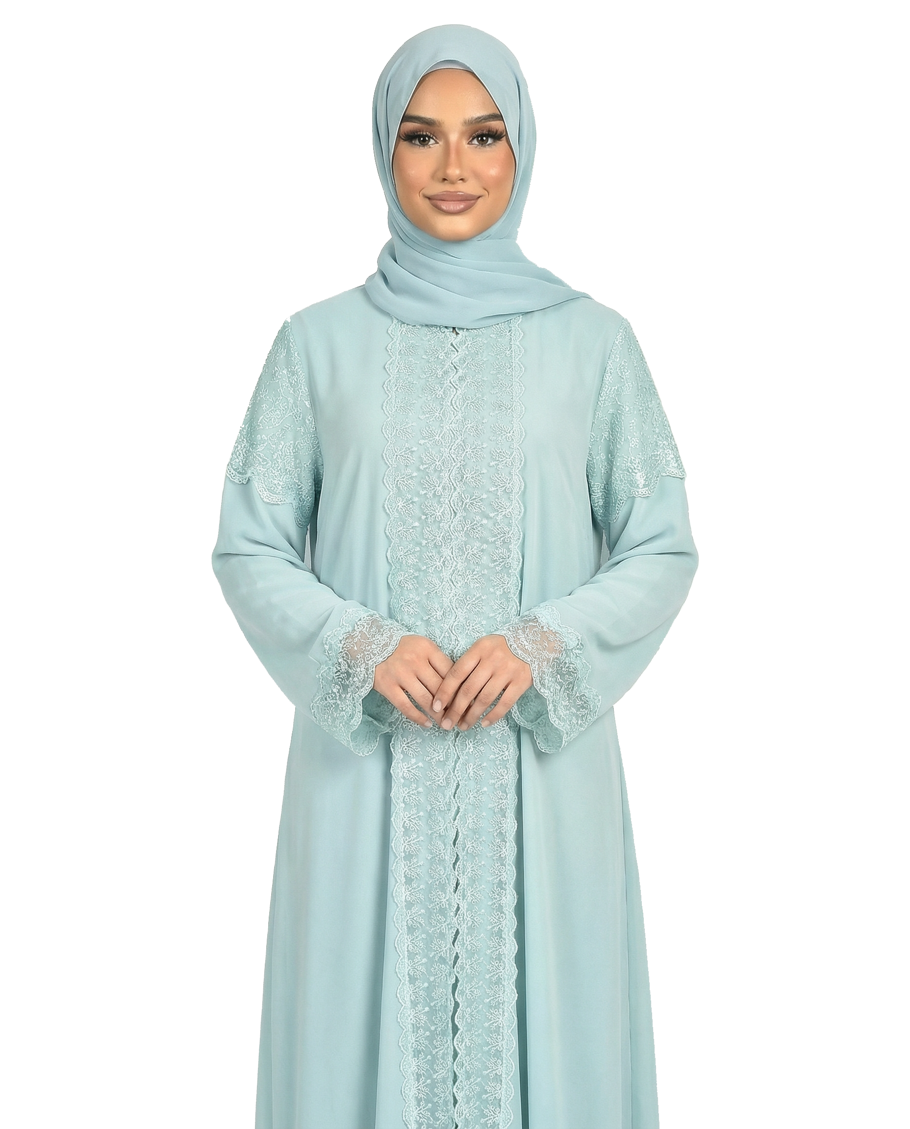 3 Piece Chiffon Abaya Set with Lace and Stone Detail - Malachite Green