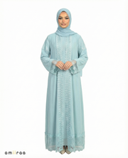 3 Piece Chiffon Abaya Set with Lace and Stone Detail - Malachite Green