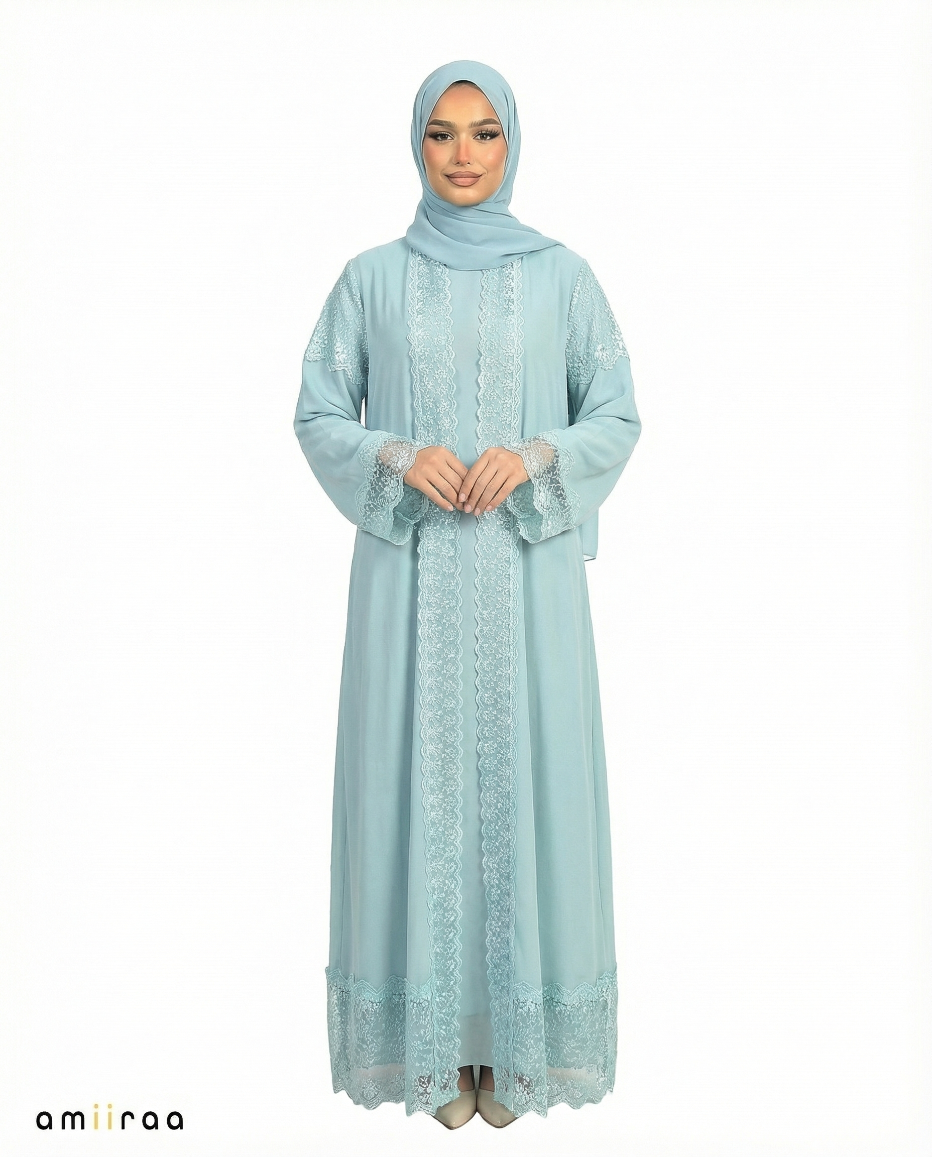 3 Piece Chiffon Abaya Set with Lace and Stone Detail - Malachite Green