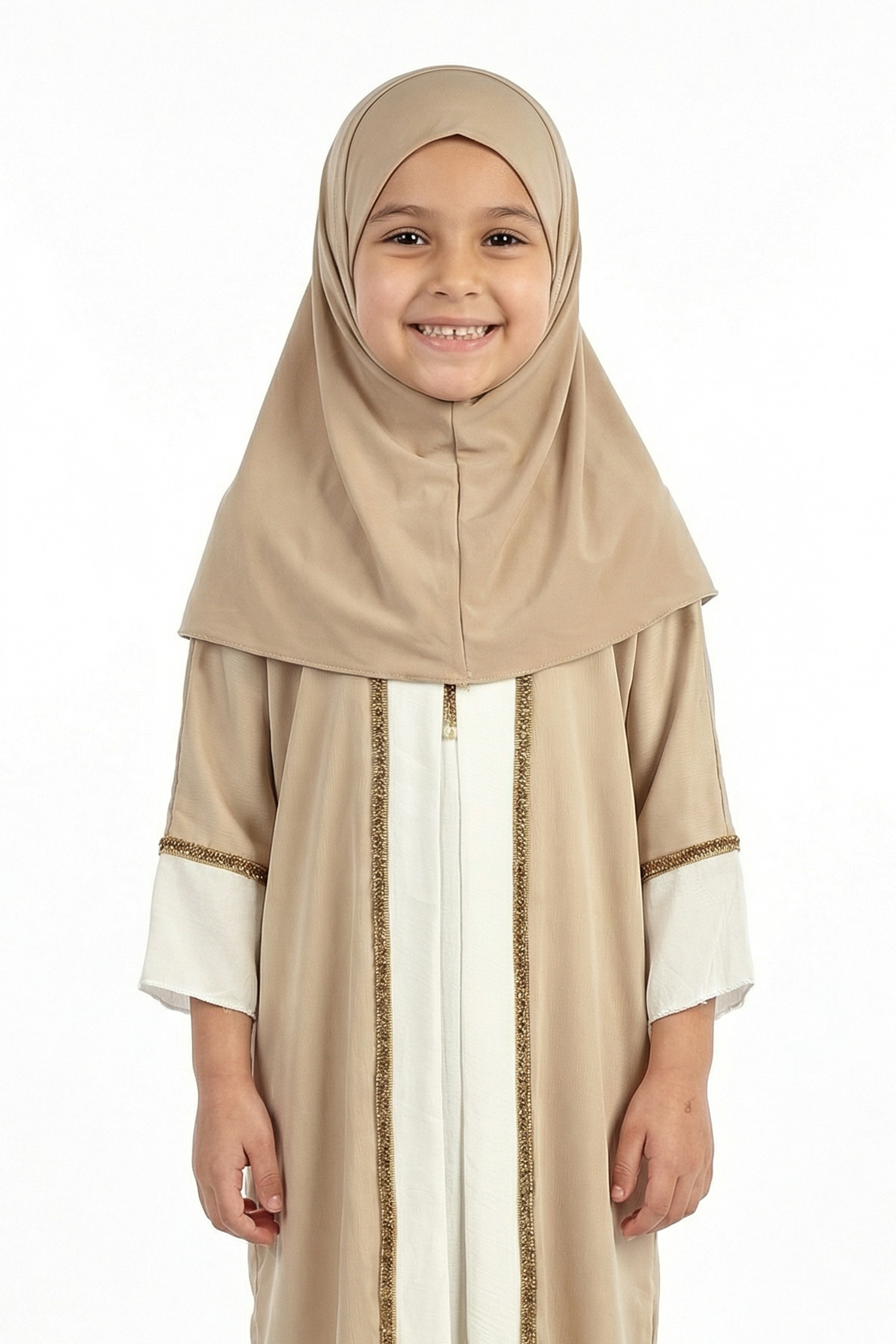 Abbey Stone Girls Elegant Open Abaya with Gold Trim Detailing