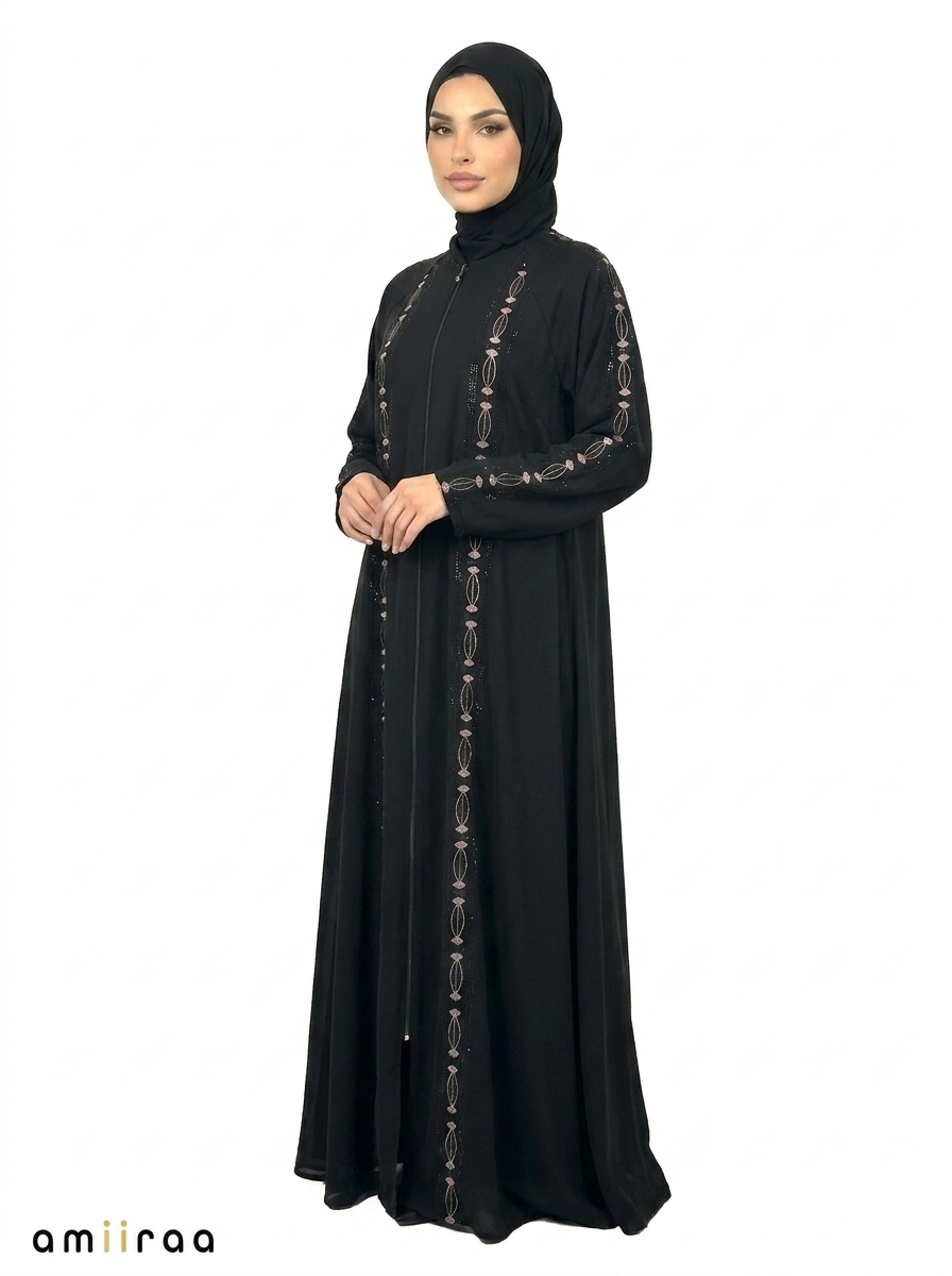 Harvest Gold Embroidered Abaya with Full-Length Front Detailing