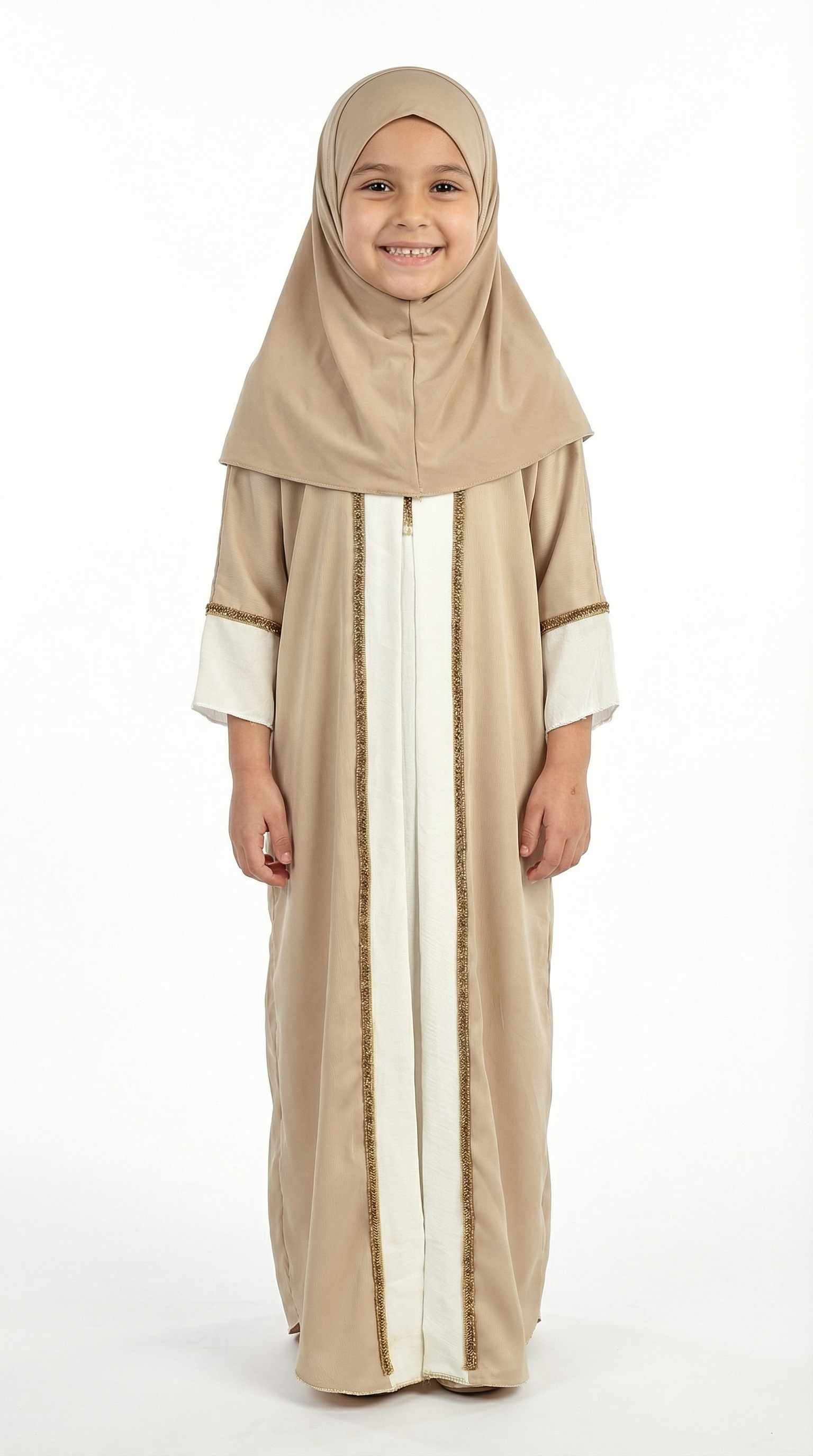 Abbey Stone Girls Elegant Open Abaya with Gold Trim Detailing