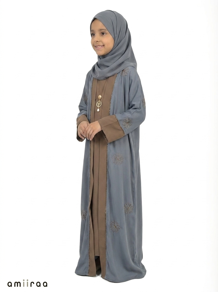 Blue Mirage Girls Saudi Abaya with Floral Embroidered Detailing