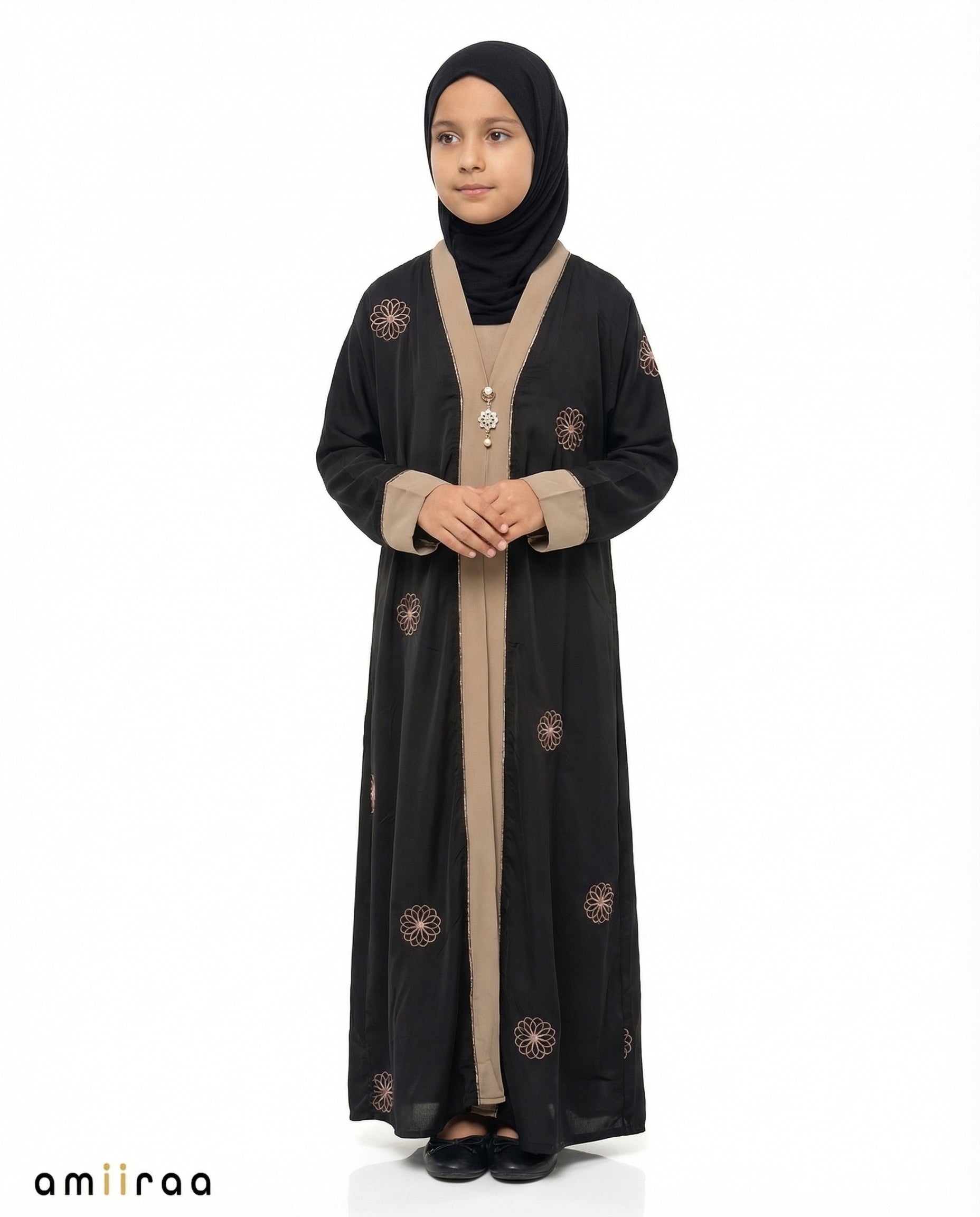 Tap Shoe Girls Floral Embroidered Open Abaya with Inner Dress