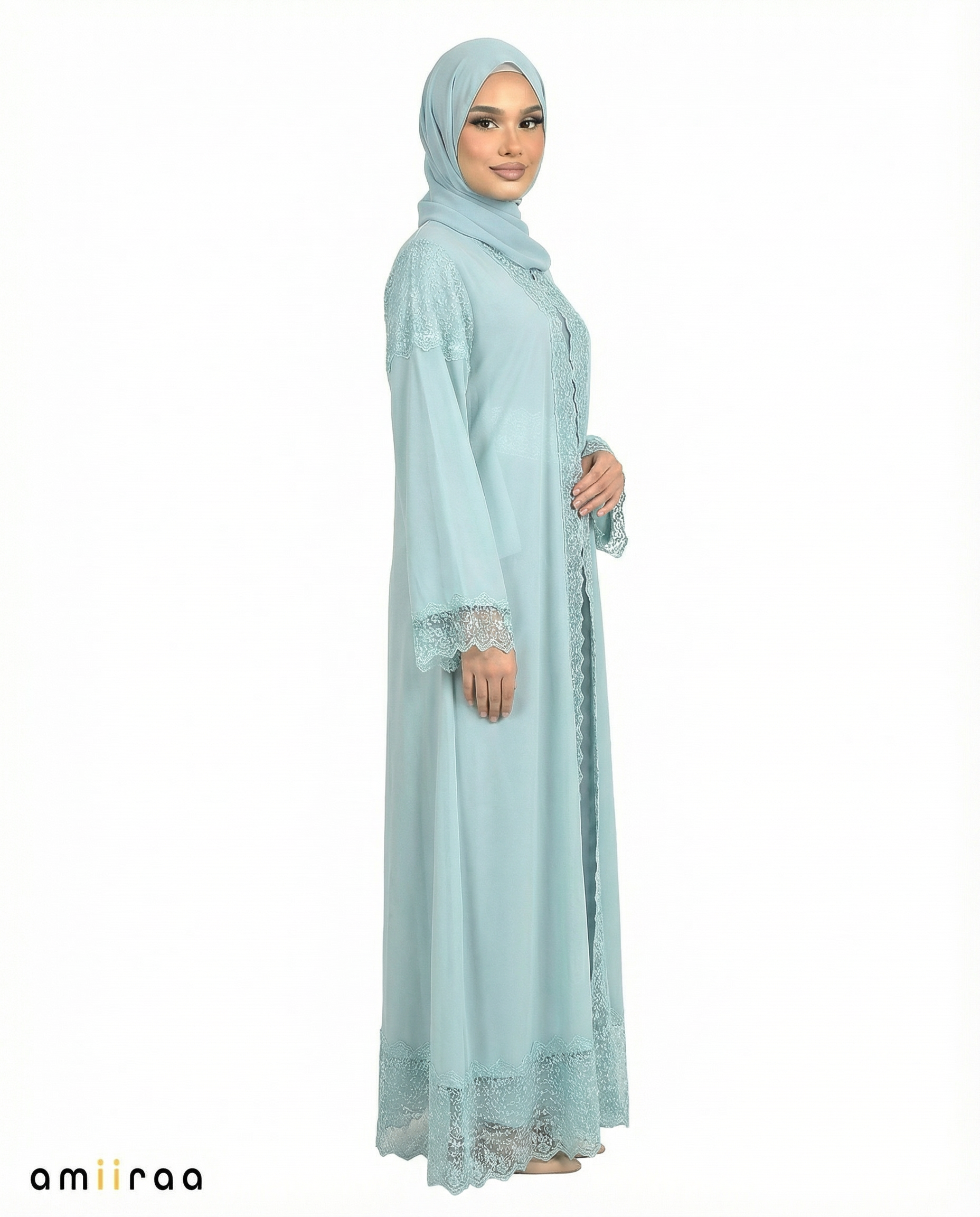 3 Piece Chiffon Abaya Set with Lace and Stone Detail - Malachite Green