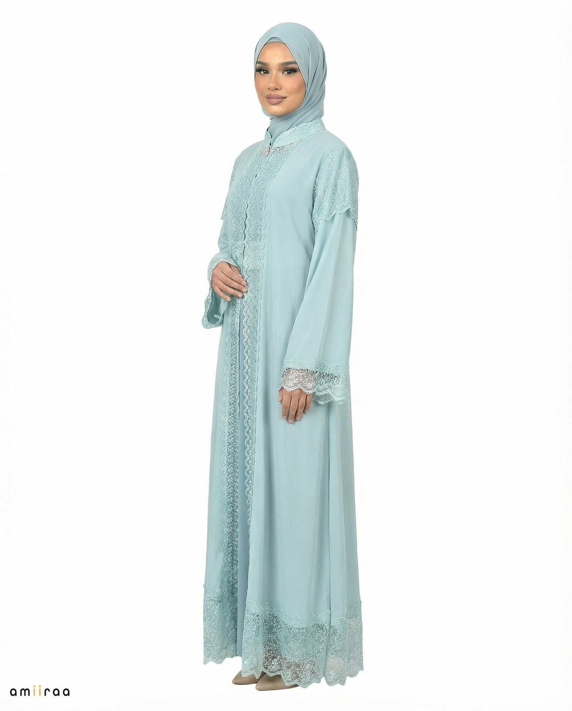 3 Piece Chiffon Abaya Set with Lace and Stone Detail - Malachite Green