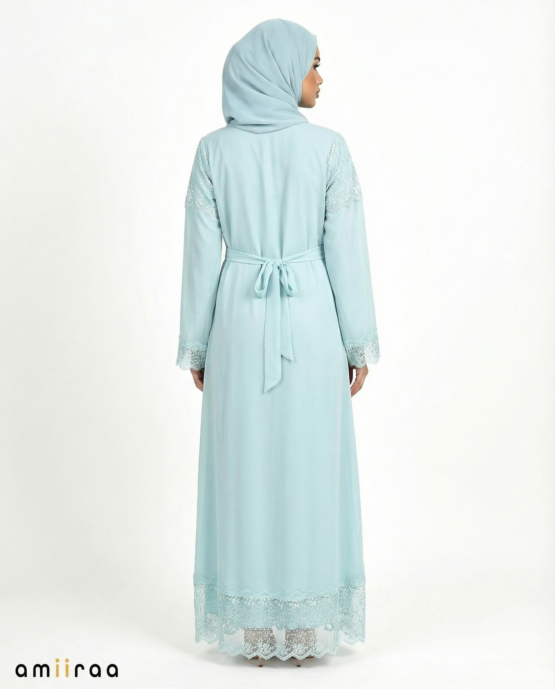 3 Piece Chiffon Abaya Set with Lace and Stone Detail - Malachite Green