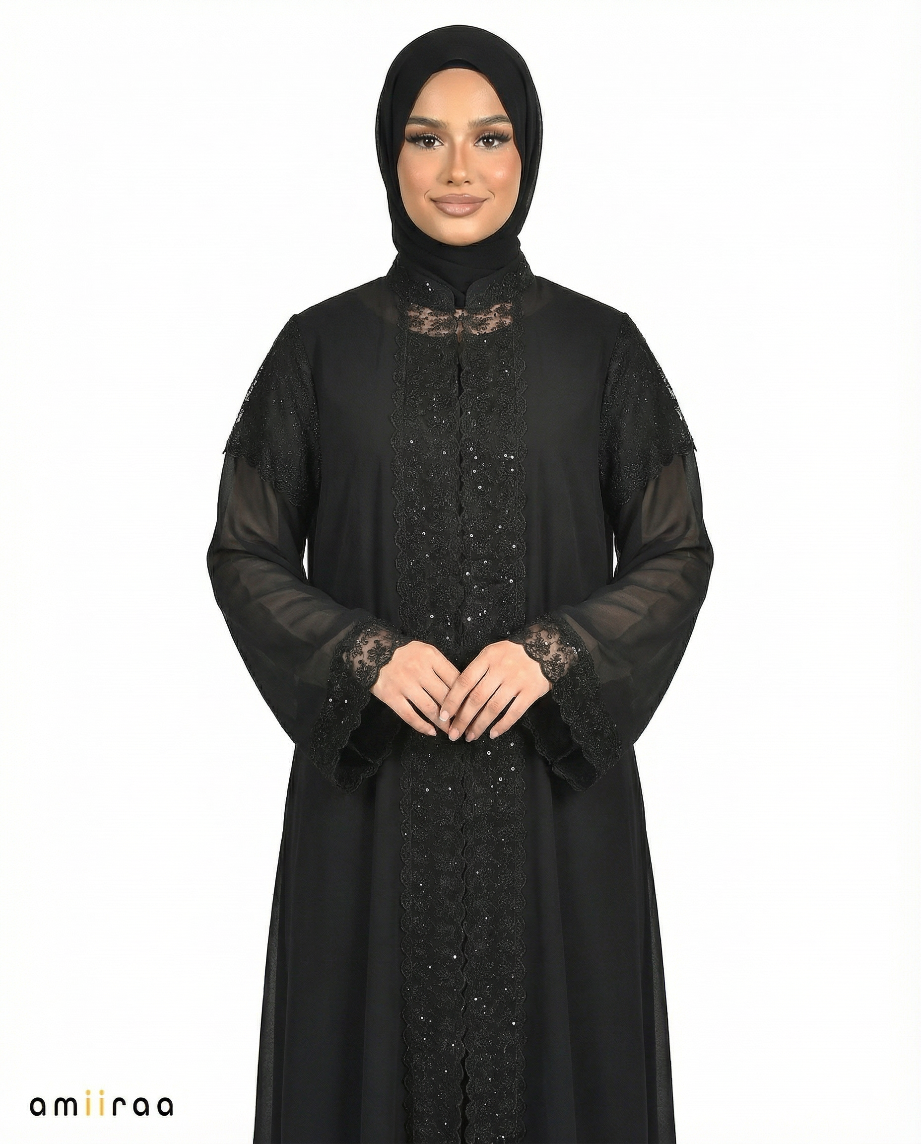 3 Piece Chiffon Abaya Set with Lace and Stone Detail - Tap Shoe