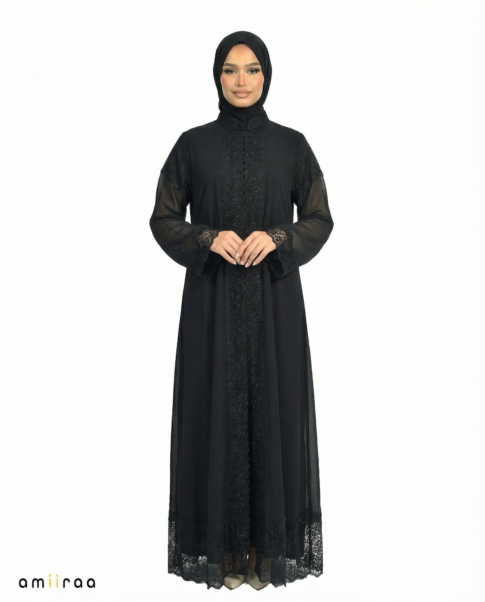 3 Piece Chiffon Abaya Set with Lace and Stone Detail - Tap Shoe