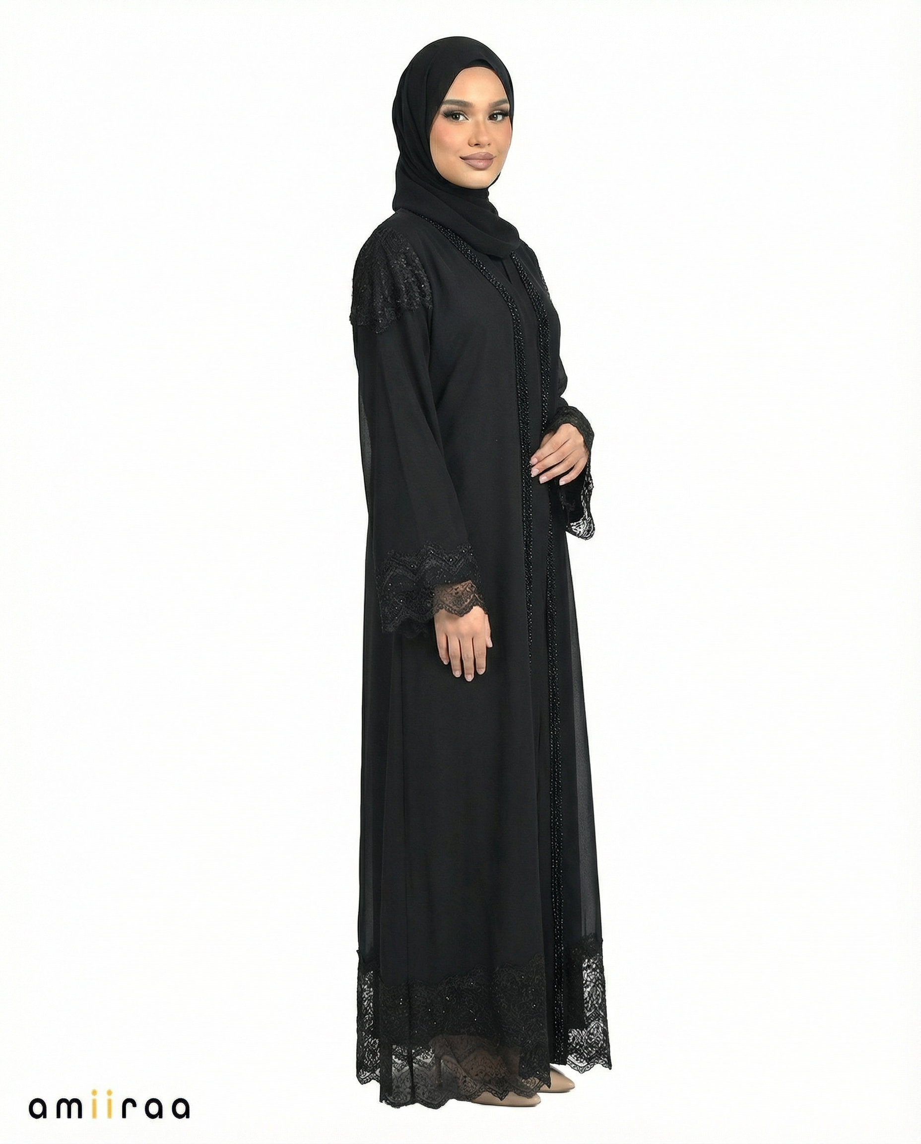 3 Piece Chiffon Abaya Set with Lace and Stone Detail - Tap Shoe