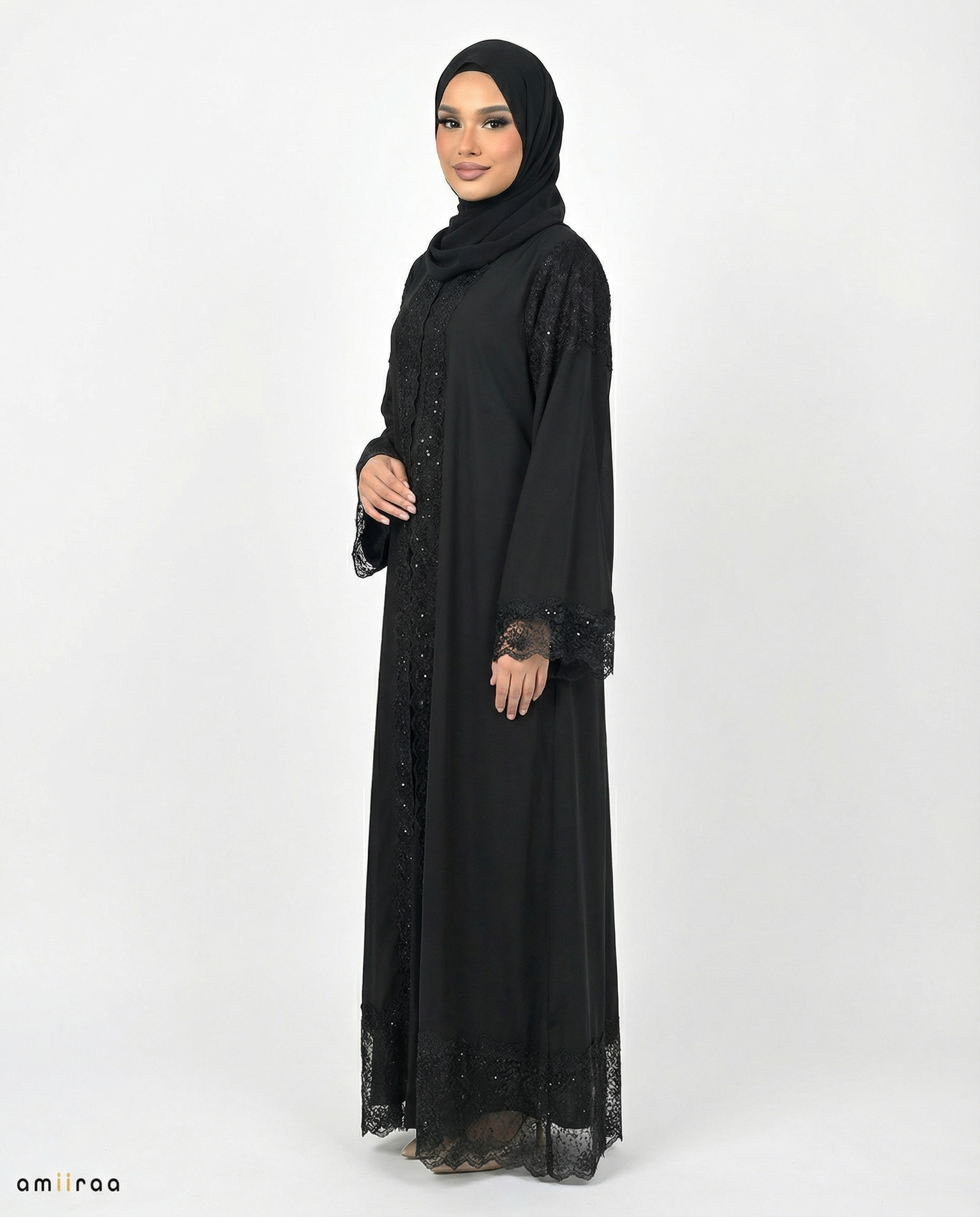 3 Piece Chiffon Abaya Set with Lace and Stone Detail - Tap Shoe