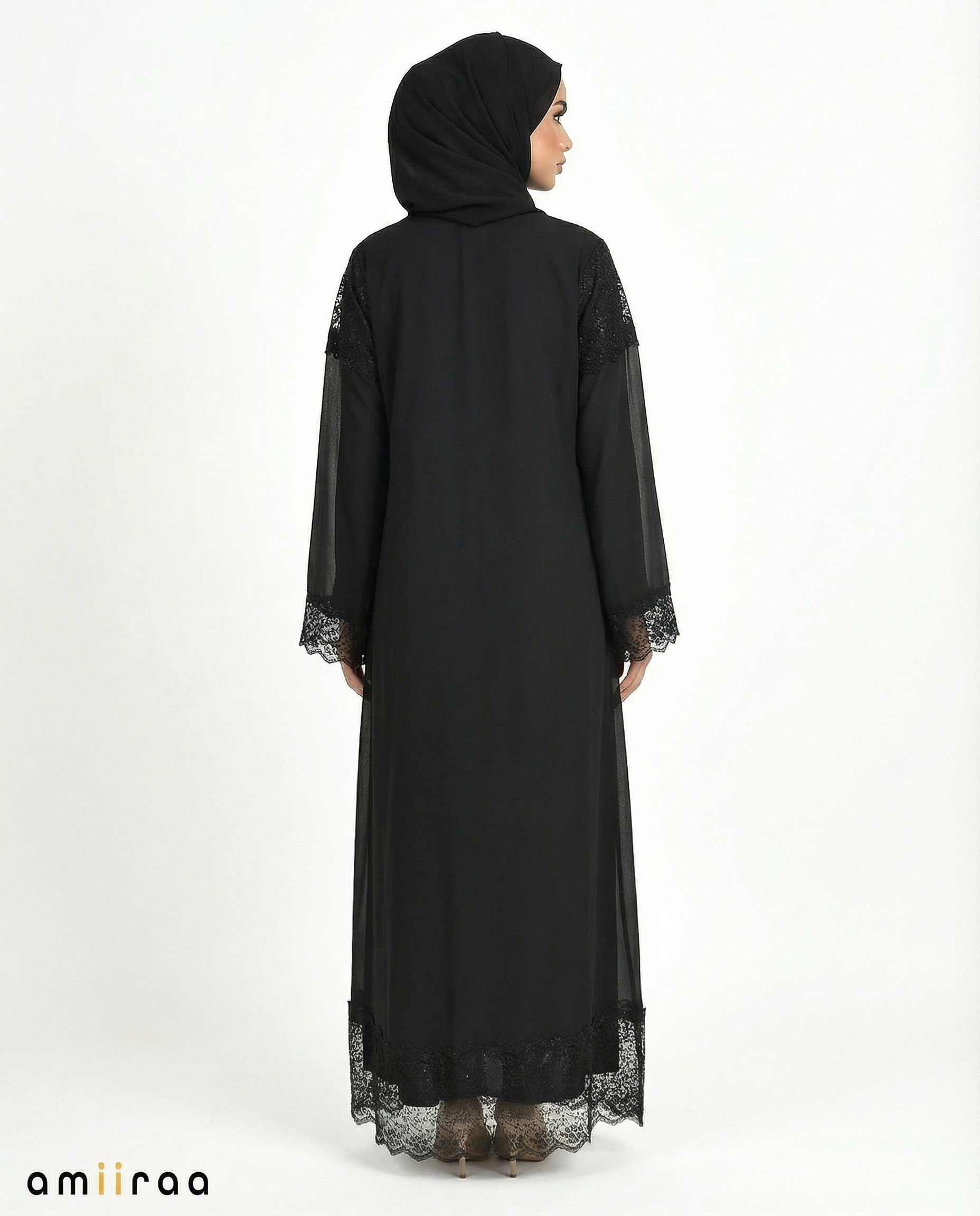 3 Piece Chiffon Abaya Set with Lace and Stone Detail - Tap Shoe