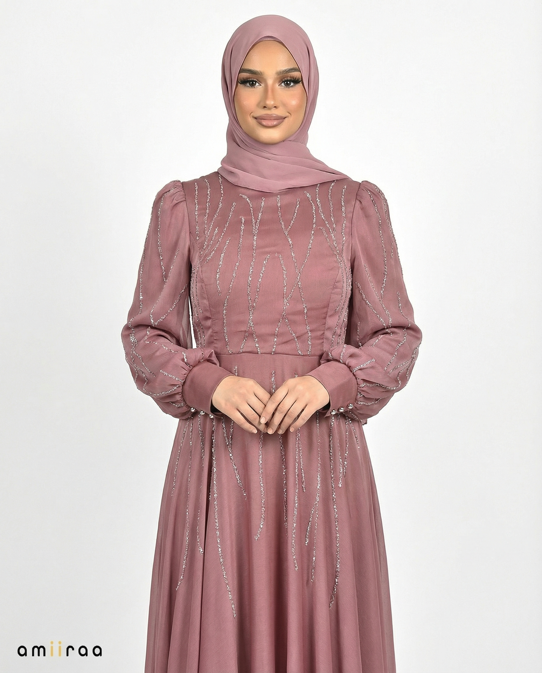 Rose Brown Embellished Stone Pattern Full-Length Dress