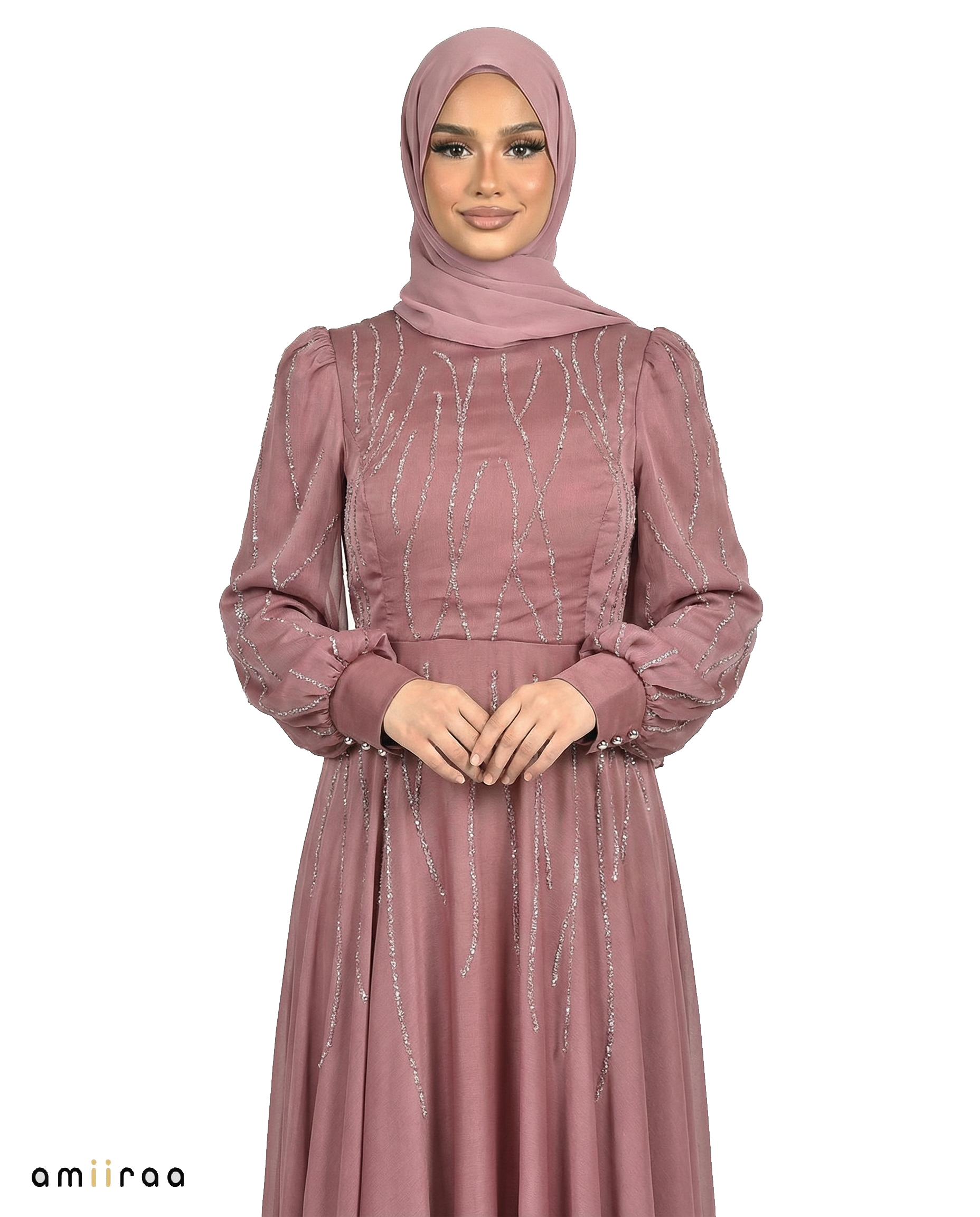 Rose Brown Embellished Stone Pattern Full-Length Dress