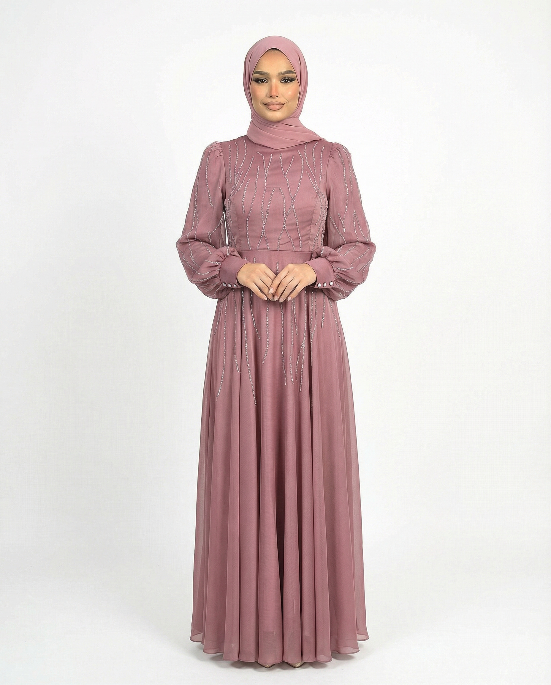 Rose Brown Embellished Stone Pattern Full-Length Dress