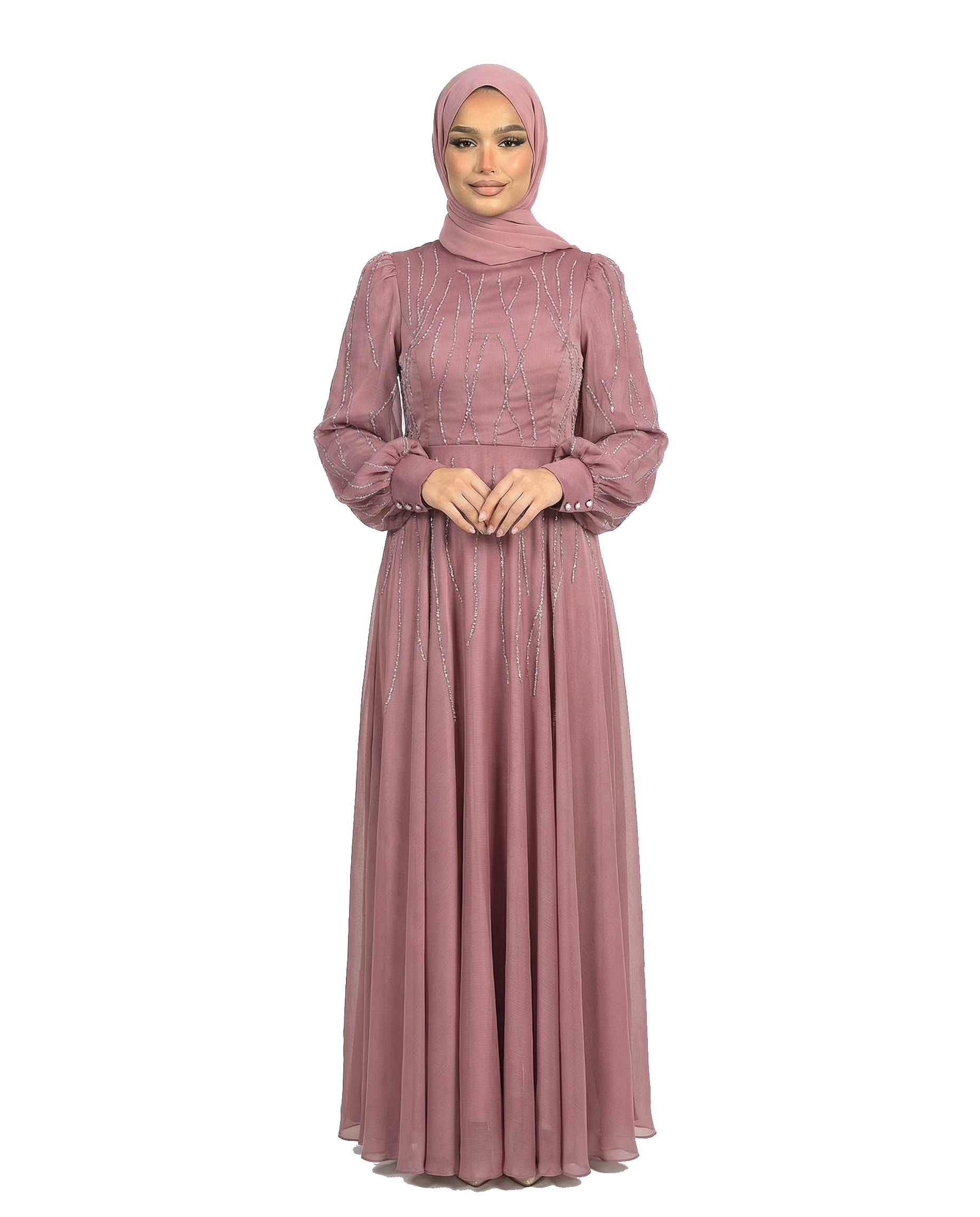 Rose Brown Embellished Stone Pattern Full-Length Dress