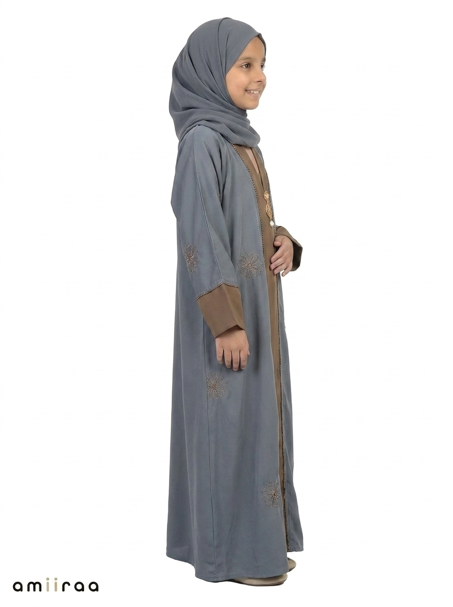 Blue Mirage Girls Saudi Abaya with Floral Embroidered Detailing