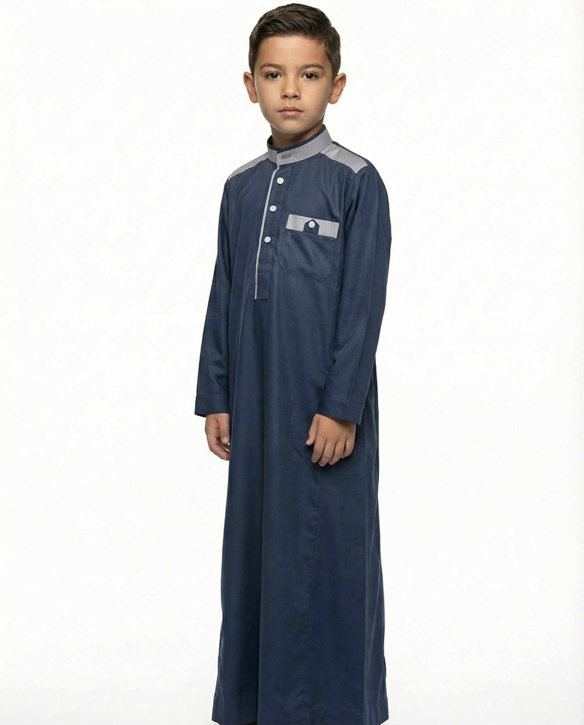 Twilight Blue Emirati Panel Collar Thobe with Chest Pocket