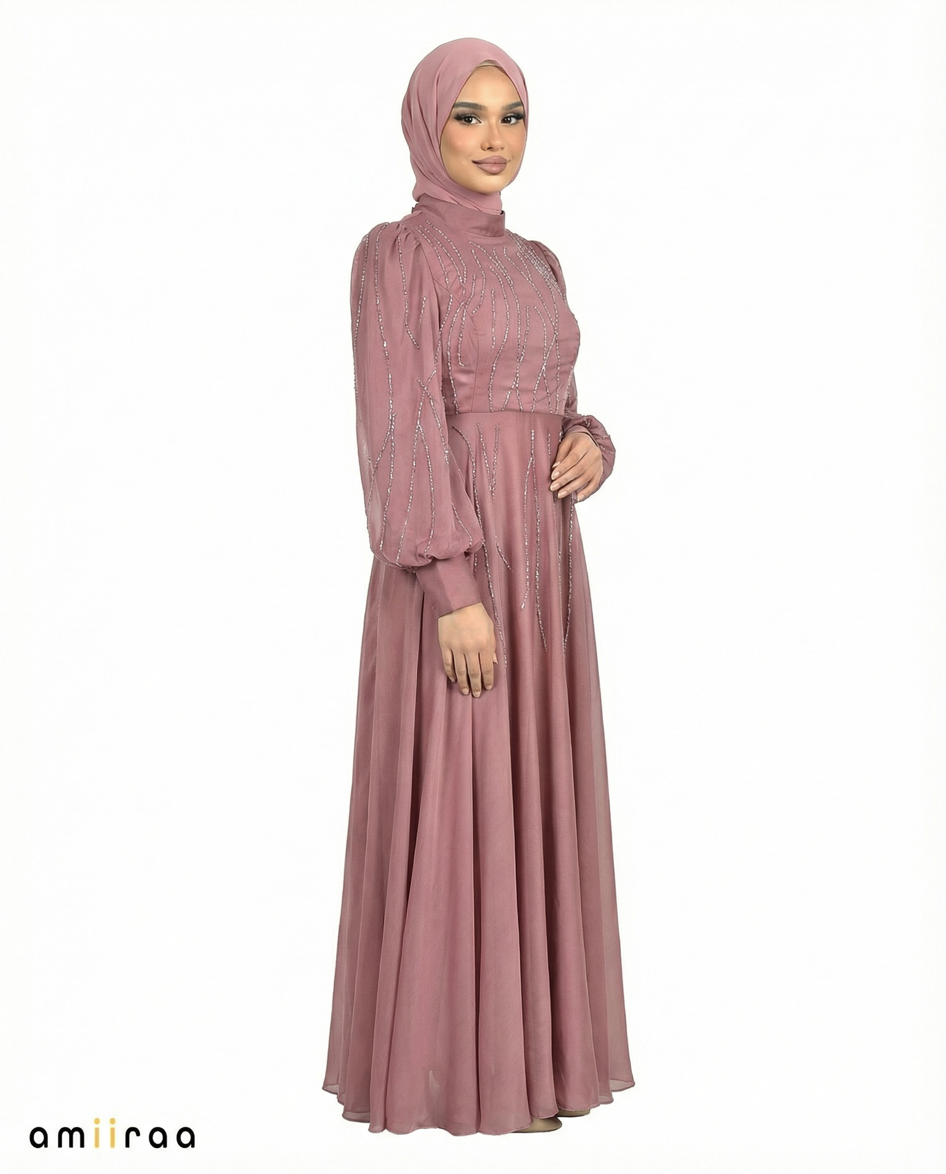 Rose Brown Embellished Stone Pattern Full-Length Dress