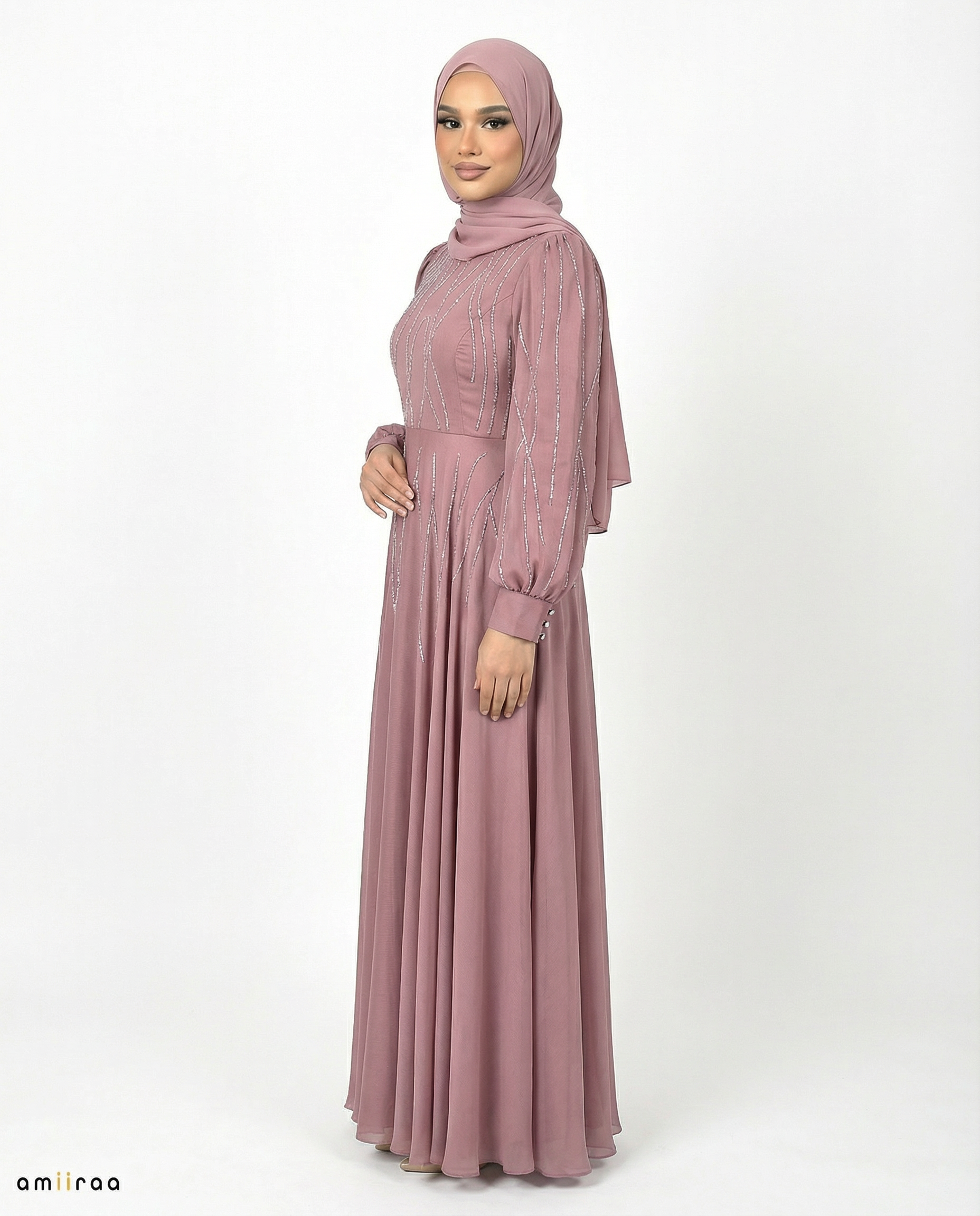 Rose Brown Embellished Stone Pattern Full-Length Dress