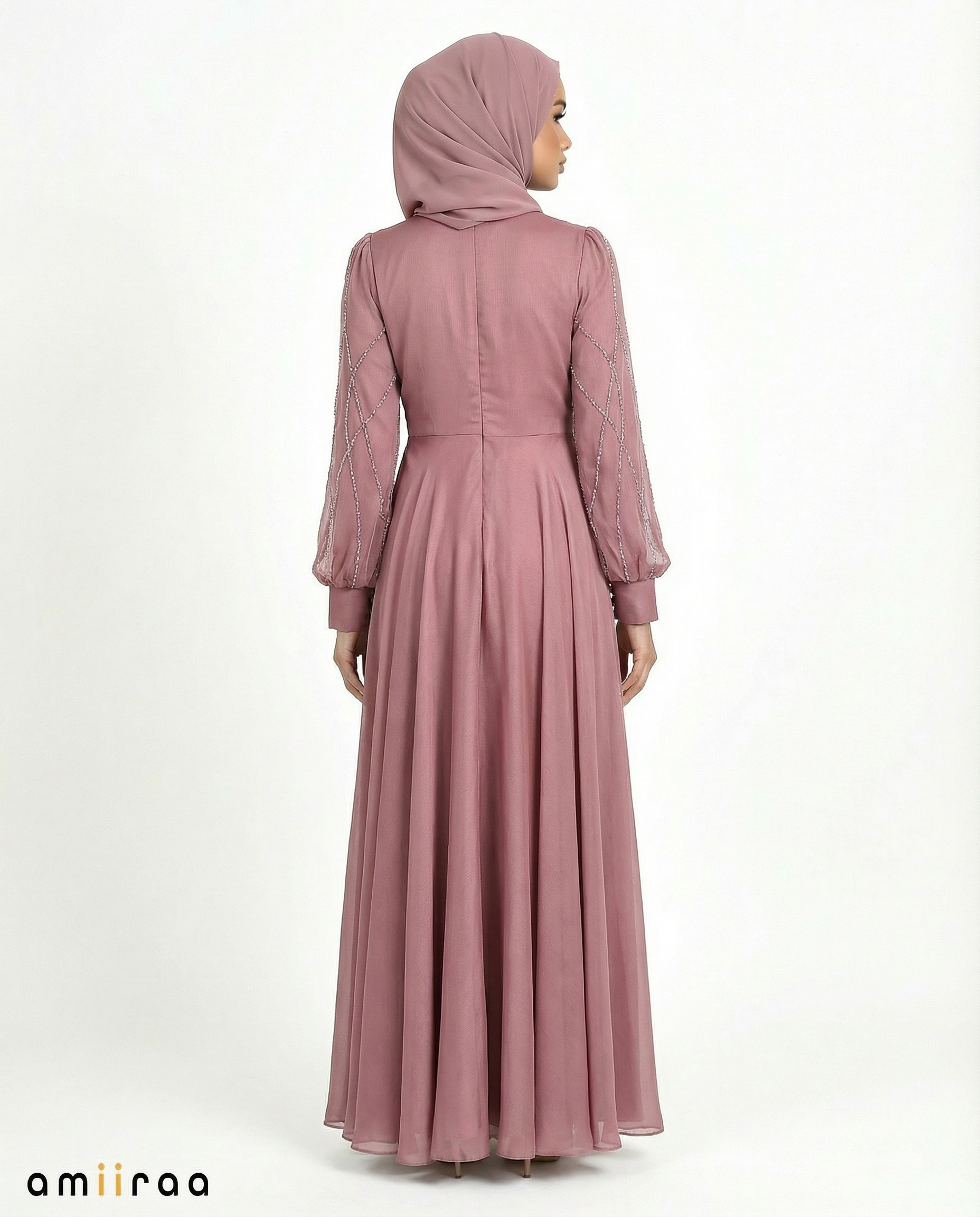Rose Brown Embellished Stone Pattern Full-Length Dress