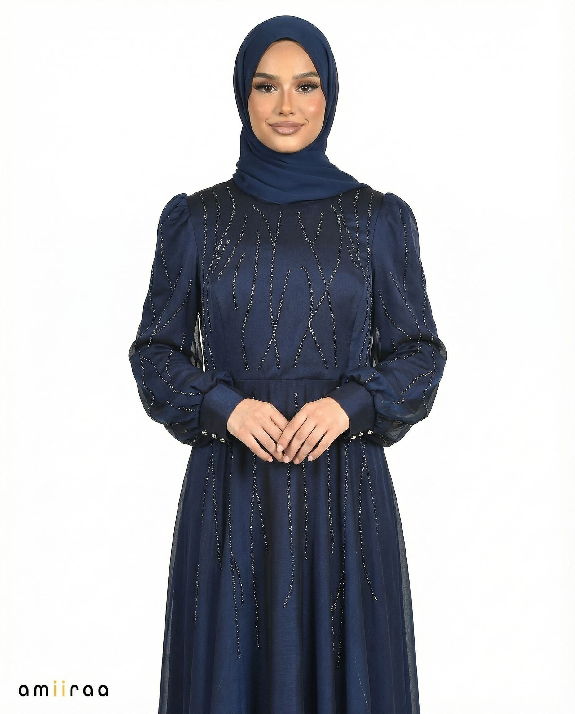 Navy Blazer Embellished Stone Pattern Full-Length Dress