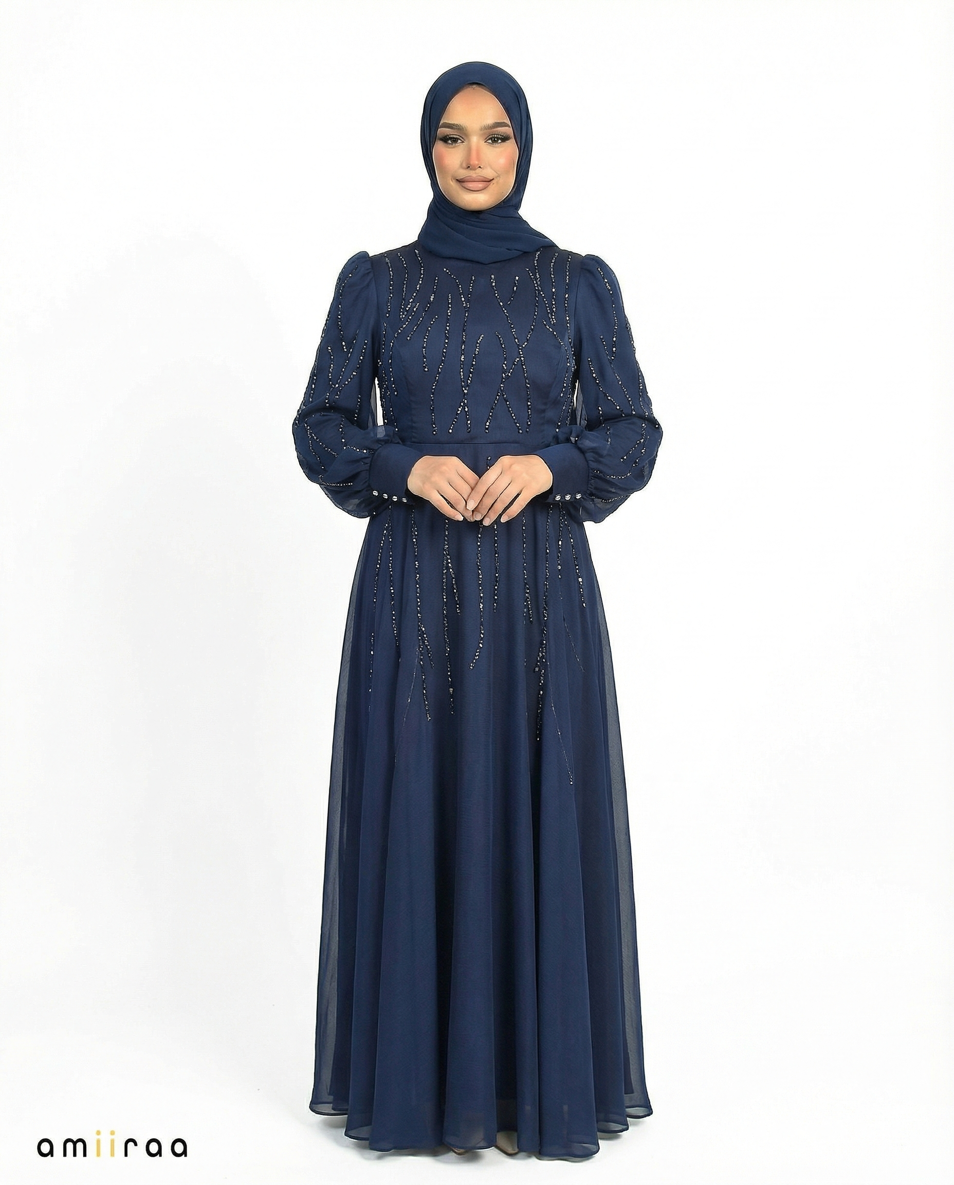 Navy Blazer Embellished Stone Pattern Full-Length Dress