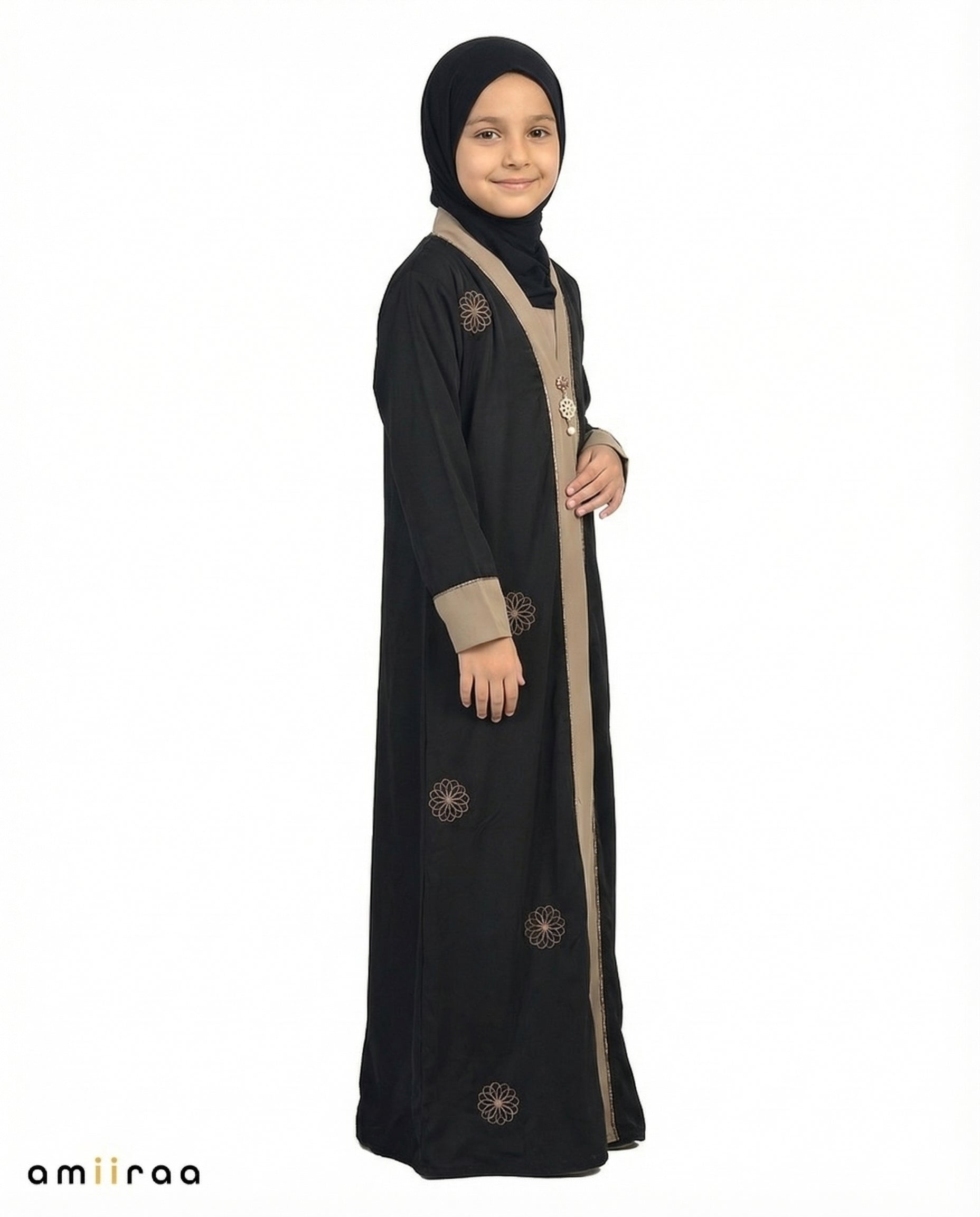 Tap Shoe Girls Floral Embroidered Open Abaya with Inner Dress