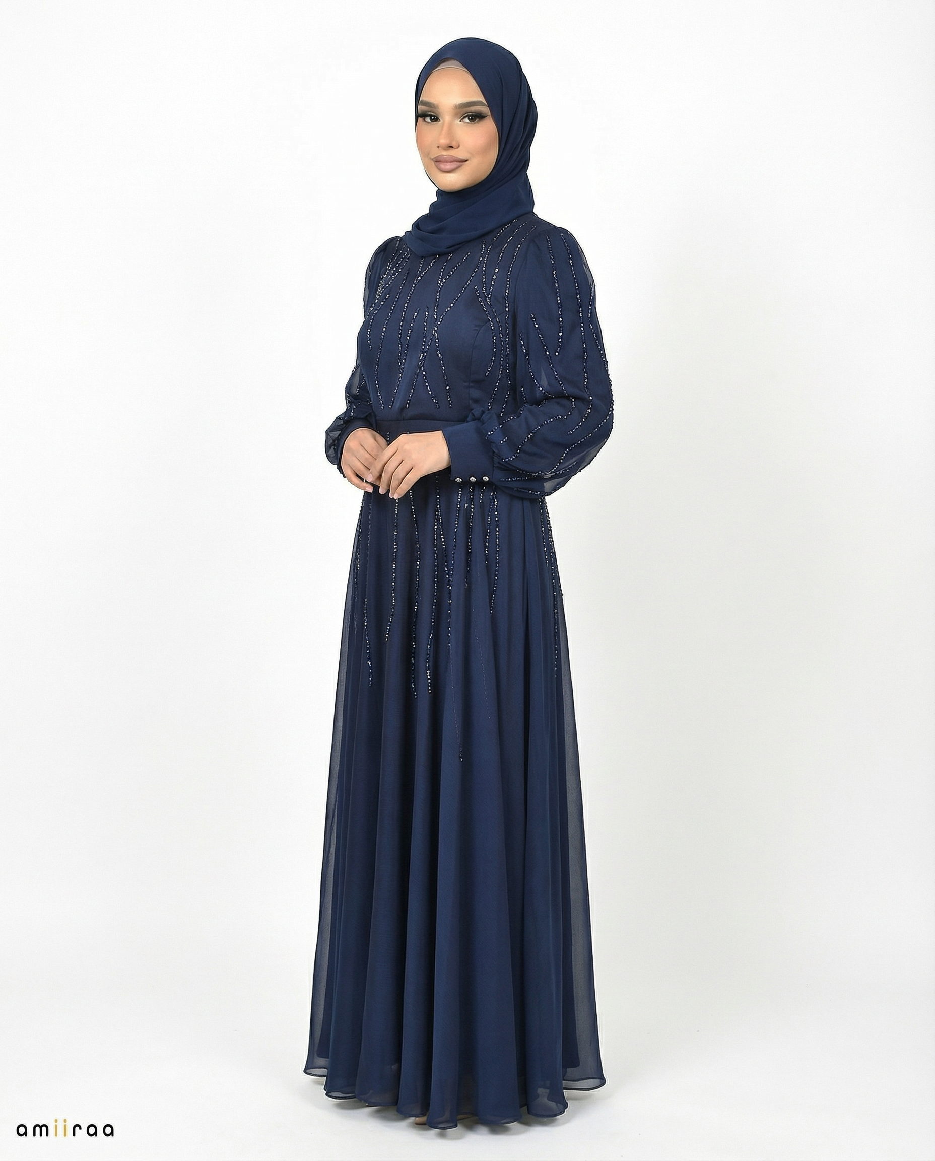 Navy Blazer Embellished Stone Pattern Full-Length Dress